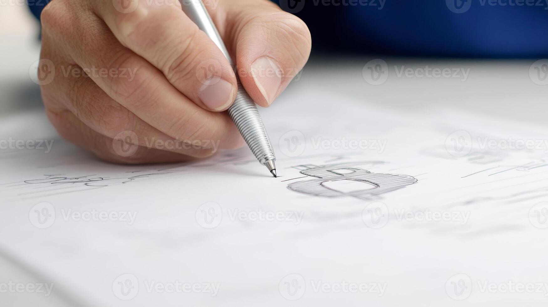 Creative process of sketching designs with a pen on white paper during a focused work session in a bright workspace photo