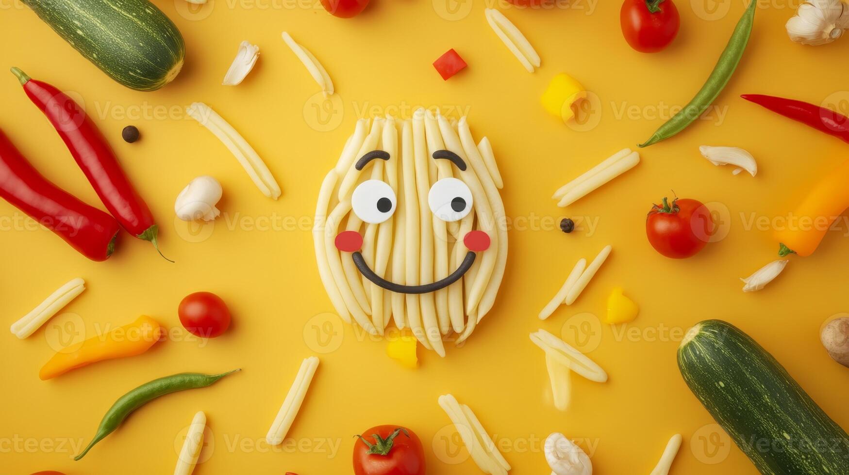 Colorful display of playful food arrangement with smiling face made from vegetables on a bright yellow background photo