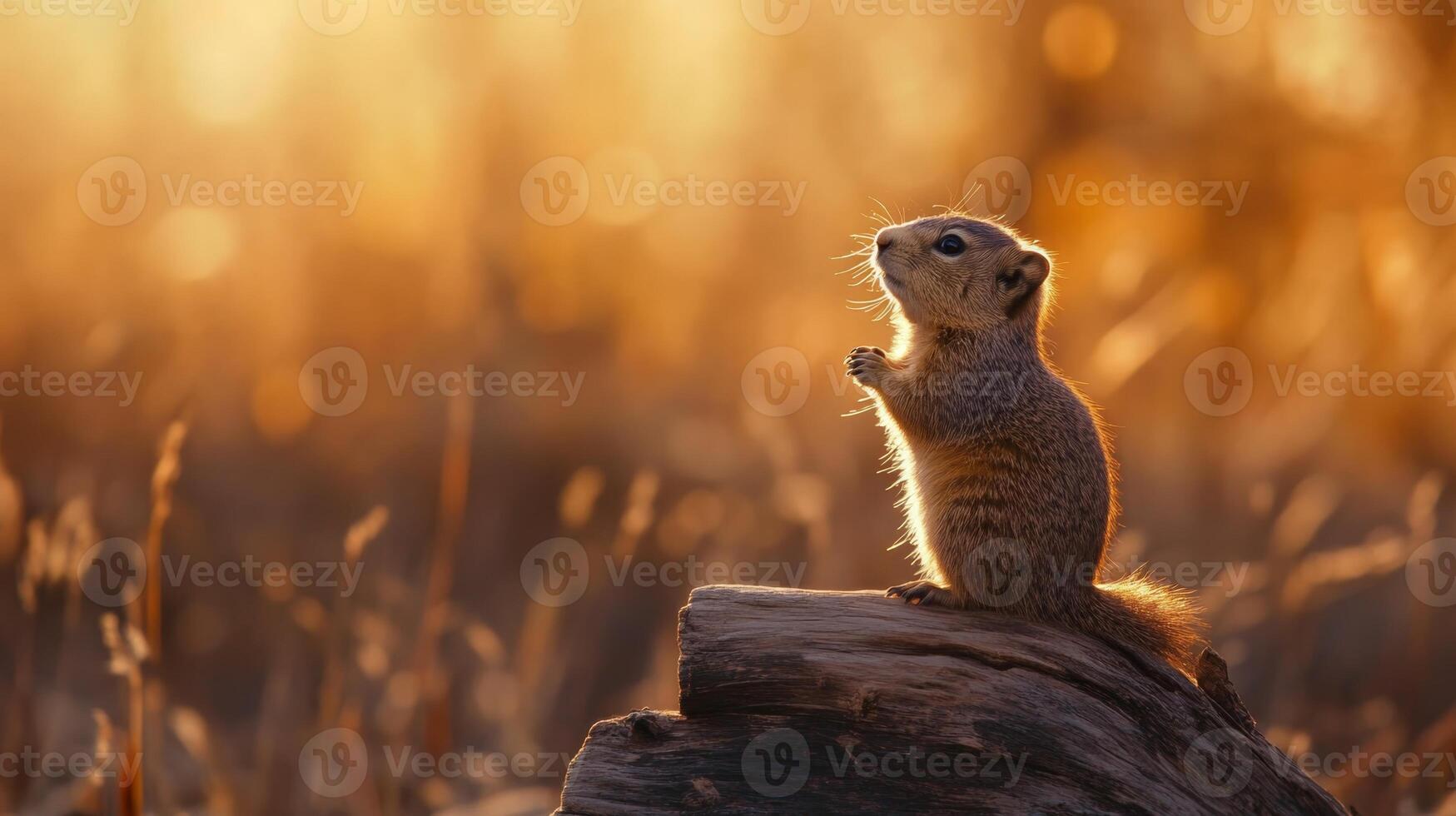 Squirrel standing on log at sunrise, surrounded by golden grass in serene natural landscape photo
