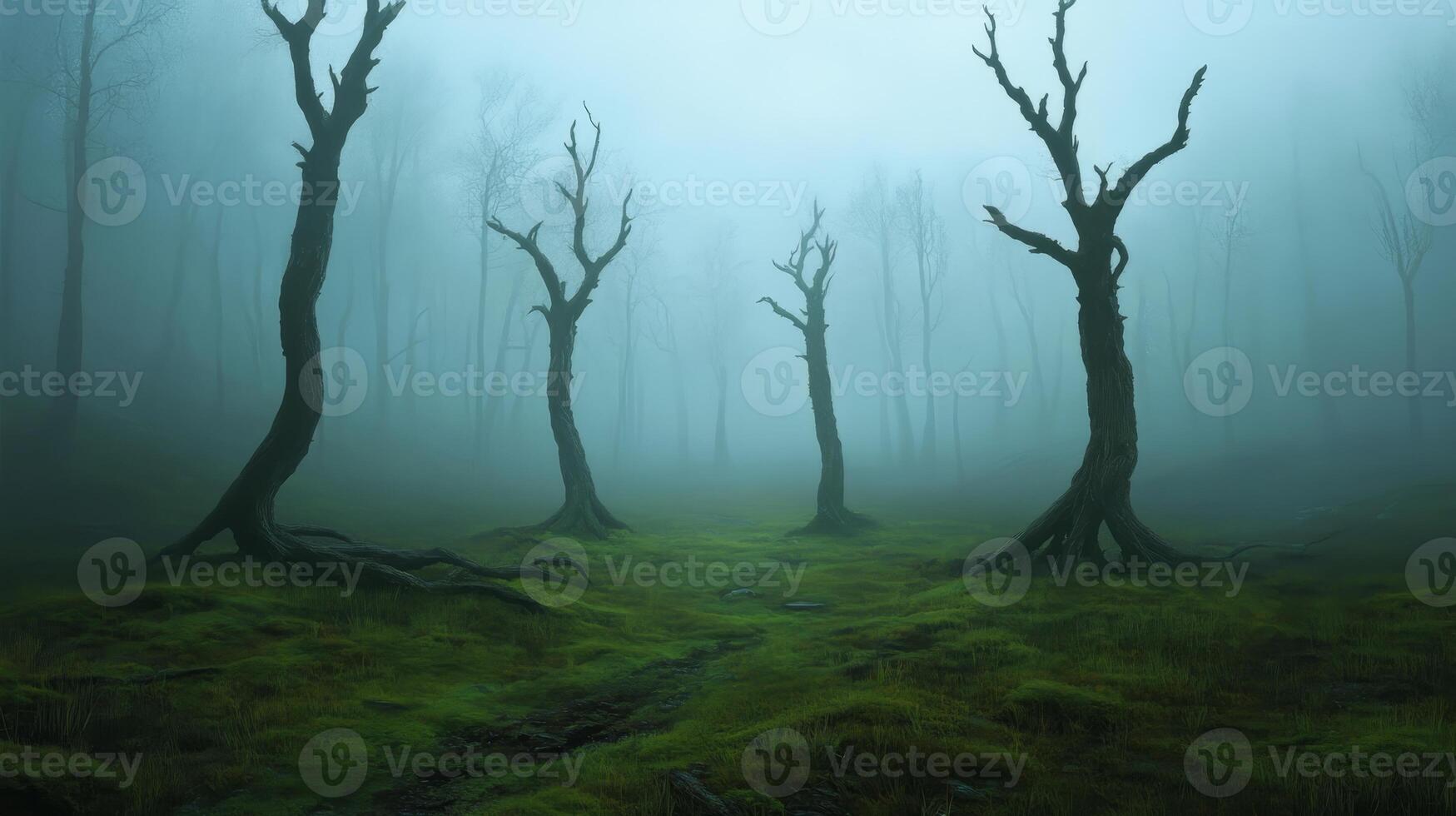Ethereal mist envelops a forest with barren trees at dawn creating an eerie and mysterious atmosphere photo
