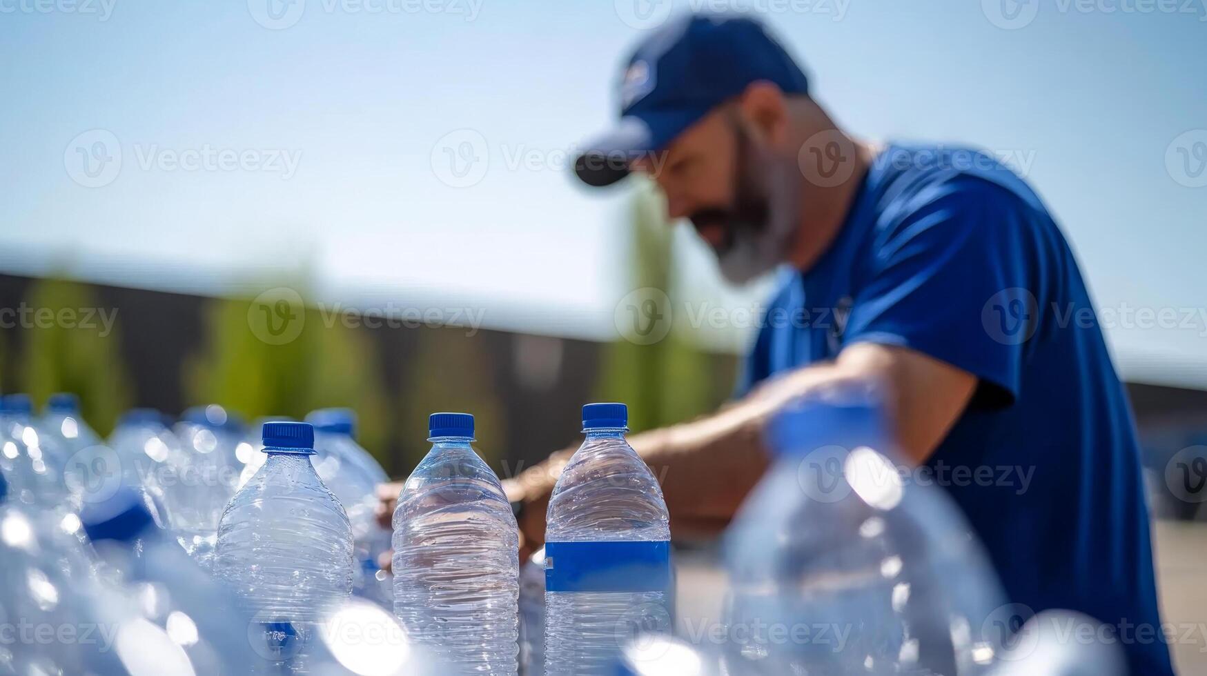 Volunteer distributing bottled water to community members during a sunny outdoor event in a park setting photo