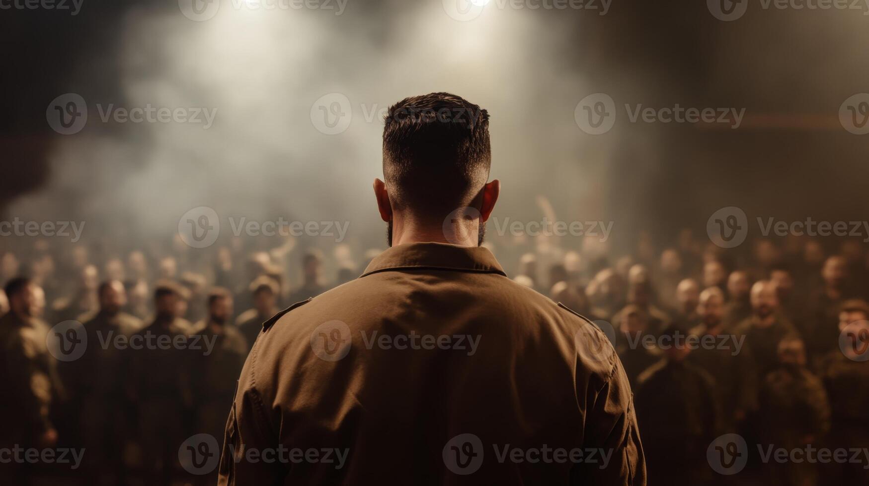 Military leader addresses troops during a motivational event in a dimly lit venue filled with anticipation and camaraderie photo