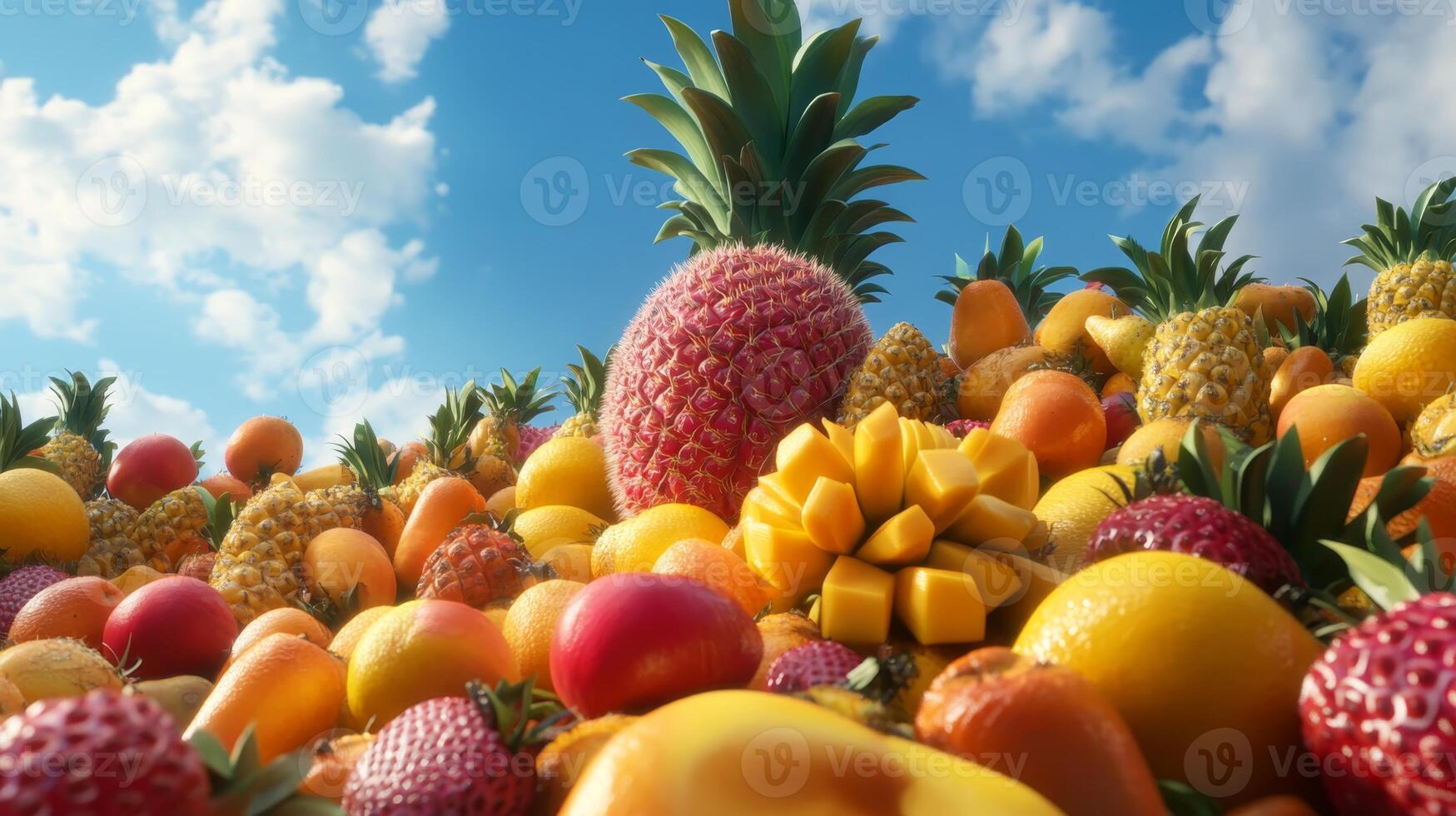 Vibrant assortment of tropical fruits under a clear blue sky featuring pineapples, mangoes, and citrus varieties photo