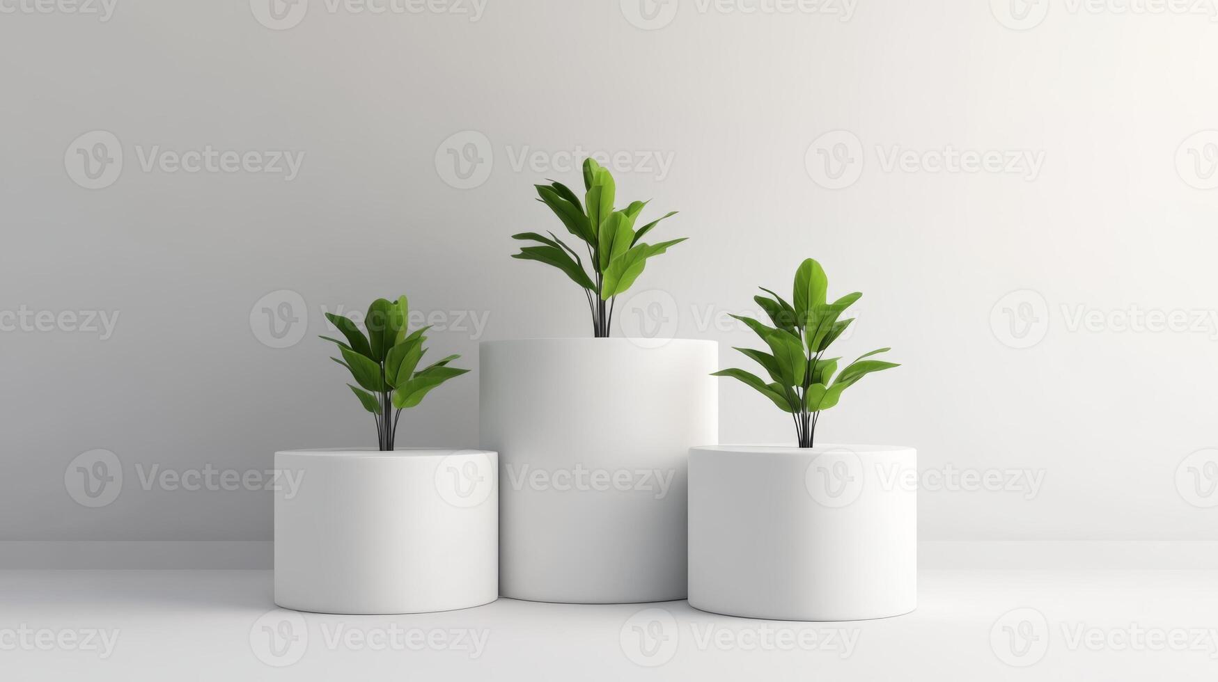 Modern indoor plant arrangement in stylish white pots enhances minimalistic decor in bright environment photo