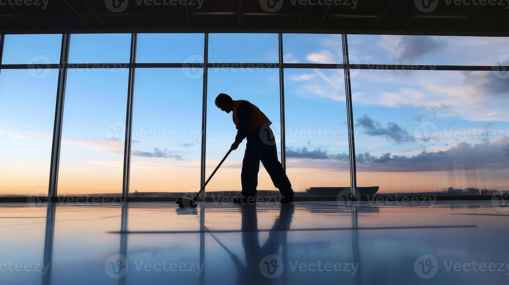 Cleaning staff member sweeps polished floor at a modern building during sunset with large windows illuminating the space photo
