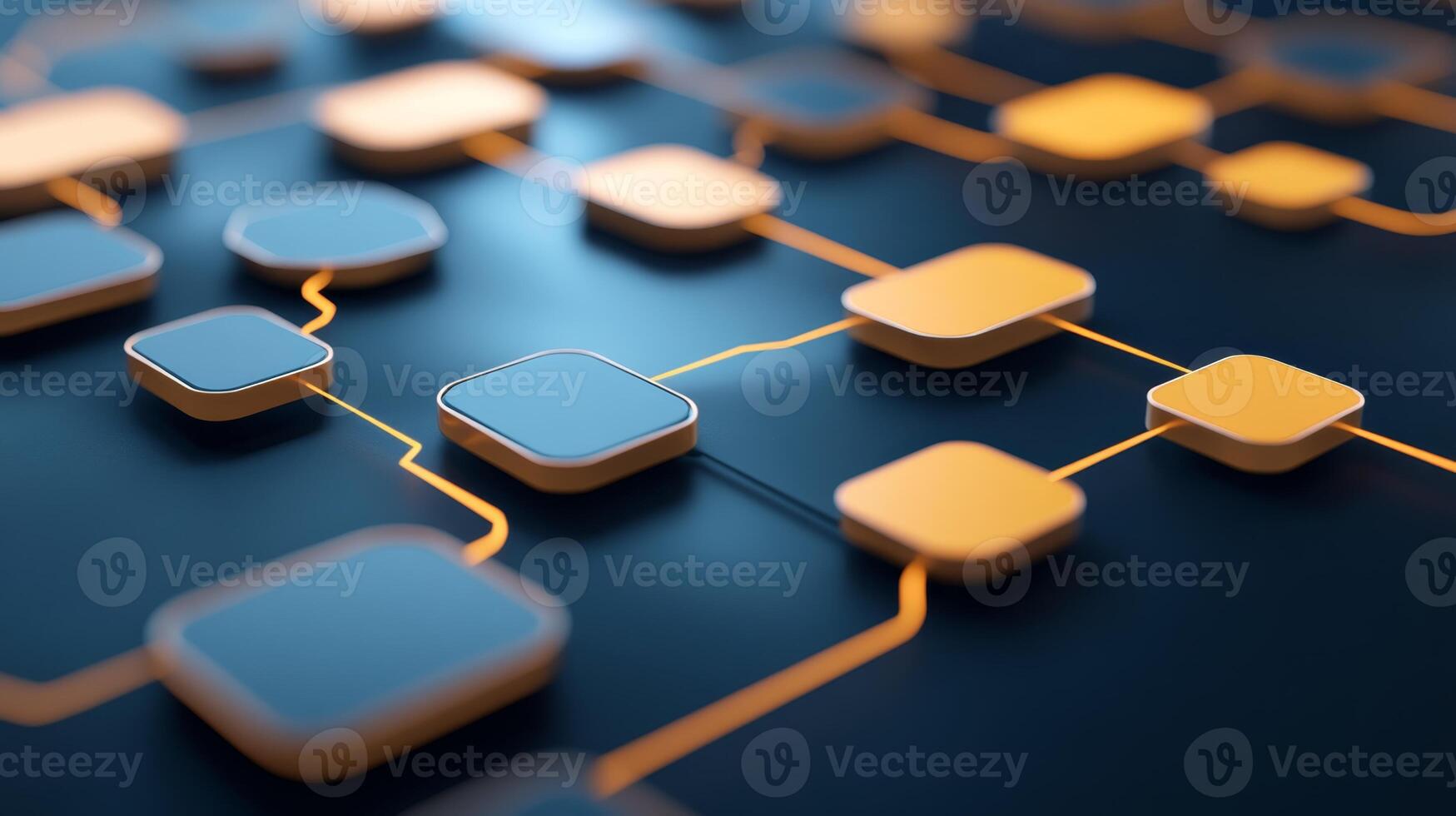Abstract representation of a digital network with interconnected squares and glowing lines on a dark background photo