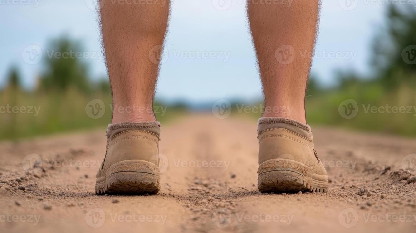 Man standing on a dirt path in countryside, ready for a hike in natural surroundings during daytime photo