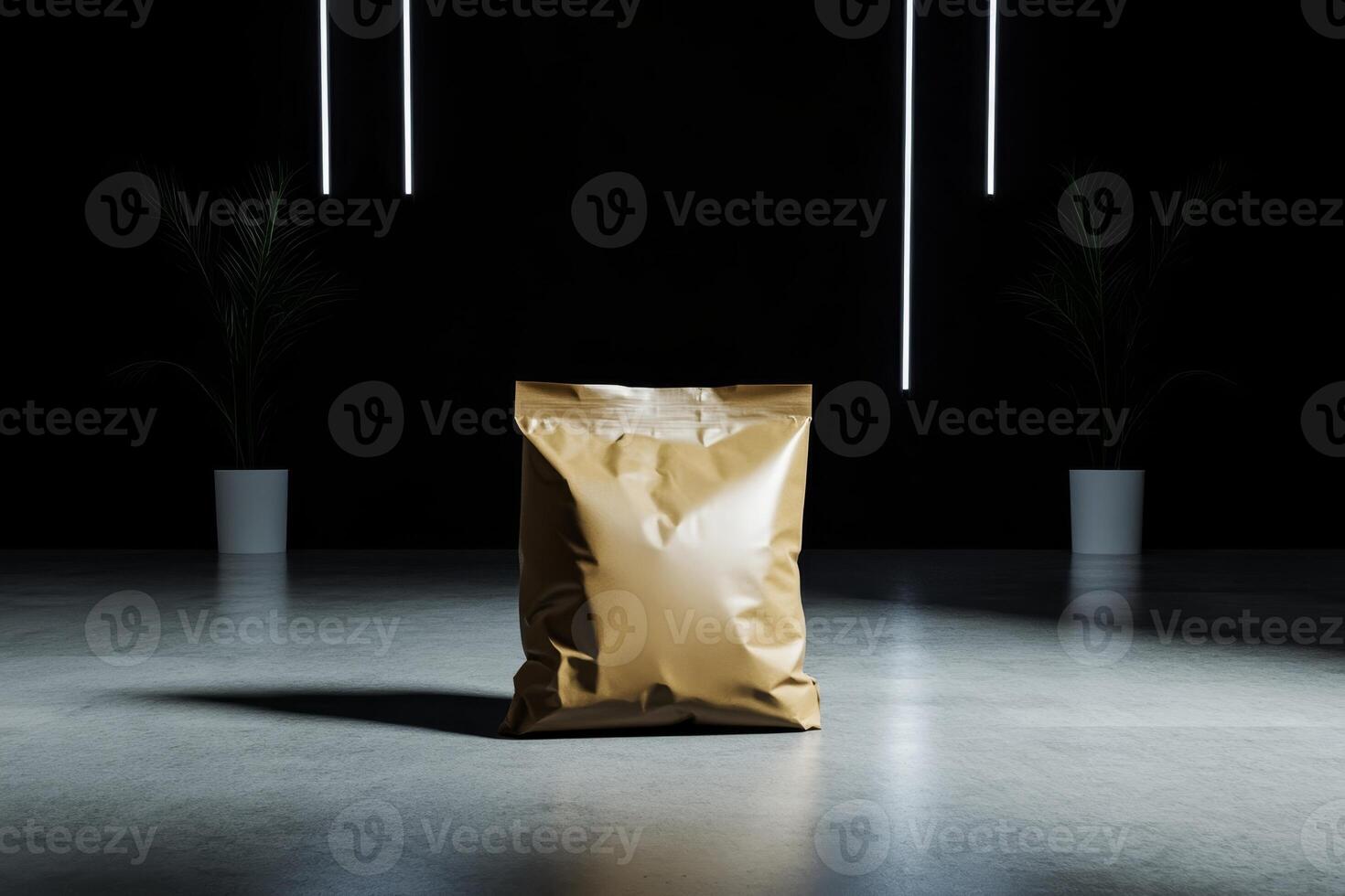 Brown packaging bag displayed in a minimalist studio with dramatic lighting and shadows photo