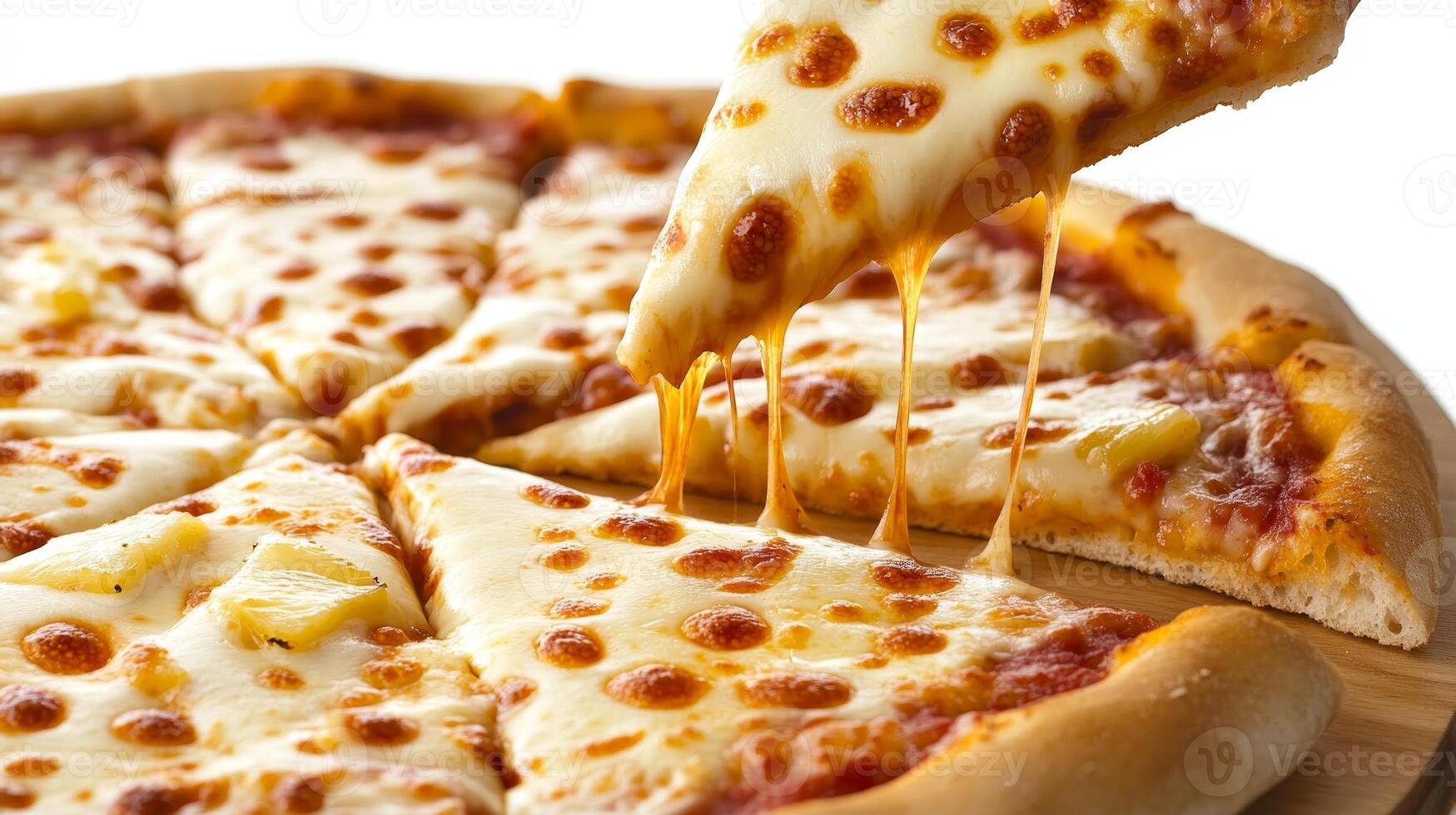 Delicious melted cheese pizza being served with stringy toppings in a warm, inviting kitchen setting photo
