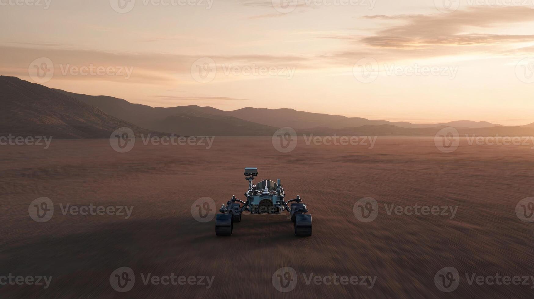 Robot exploration of Mars landscape at sunset showcasing the barren terrain and distant mountains photo
