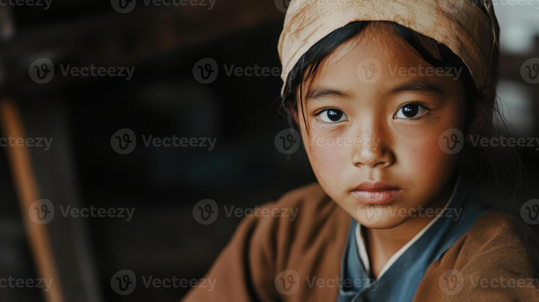 Portrait of a focused child wearing traditional attire in a rustic indoor setting during early morning light photo