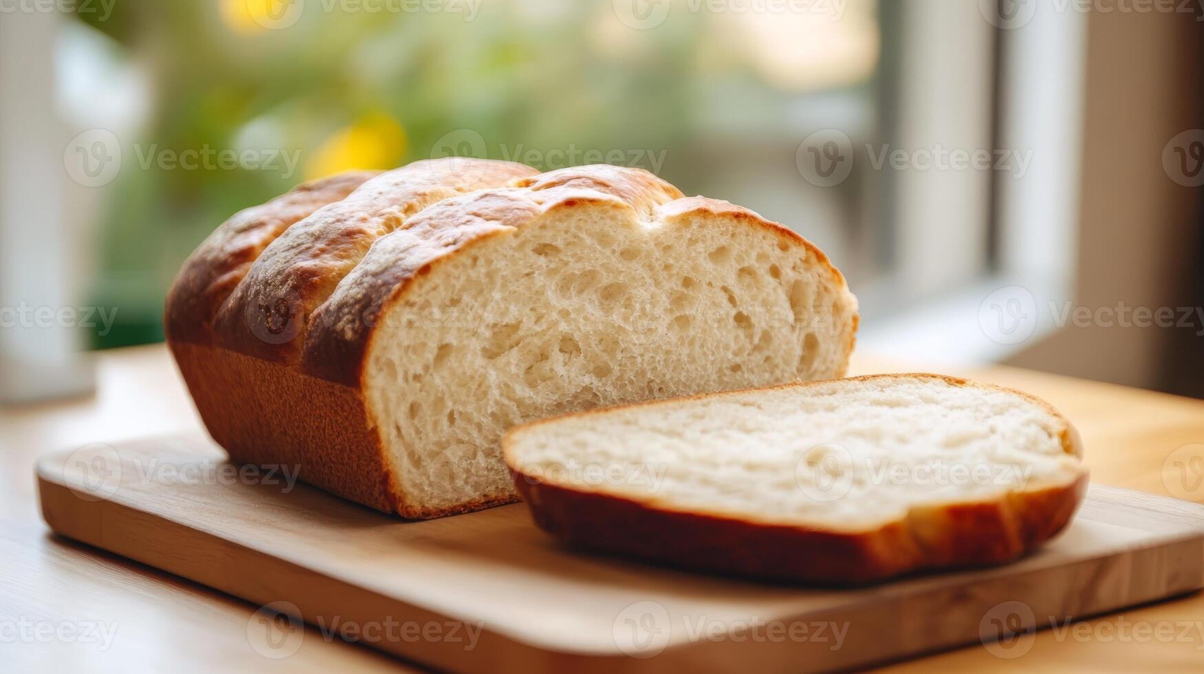 Freshly baked bread loaf sliced on a wooden board with natural light from the window photo
