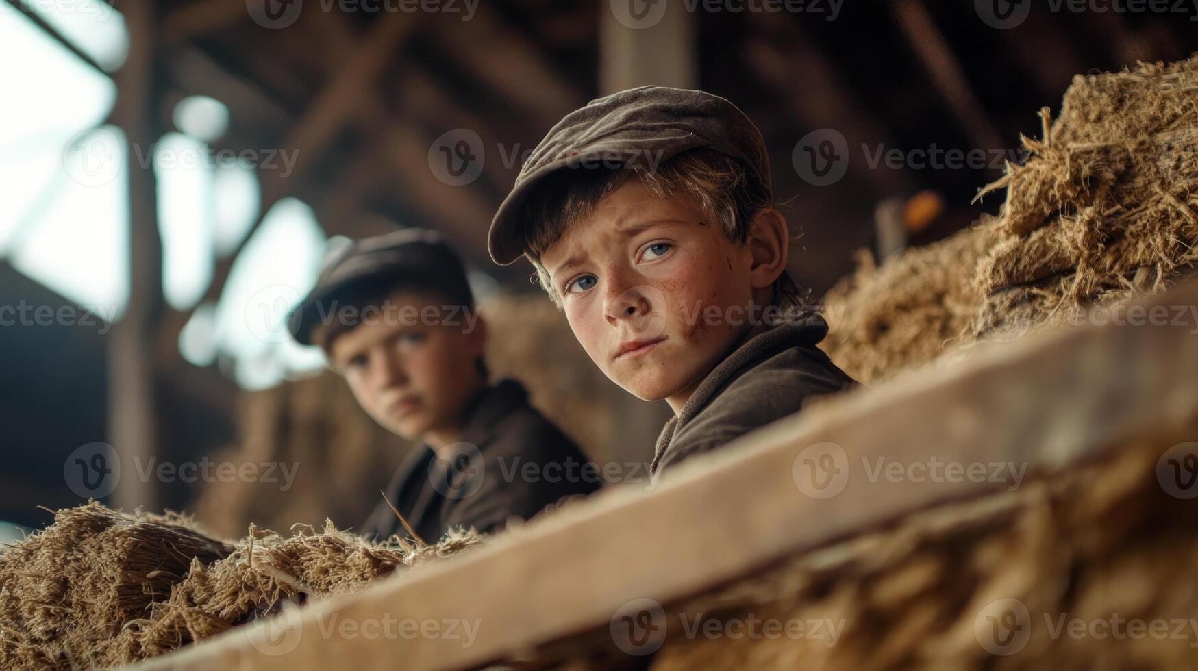 Two young boys working in a rustic barn setting, covered in straw, showcasing childhood innocence and hard work during rural life photo