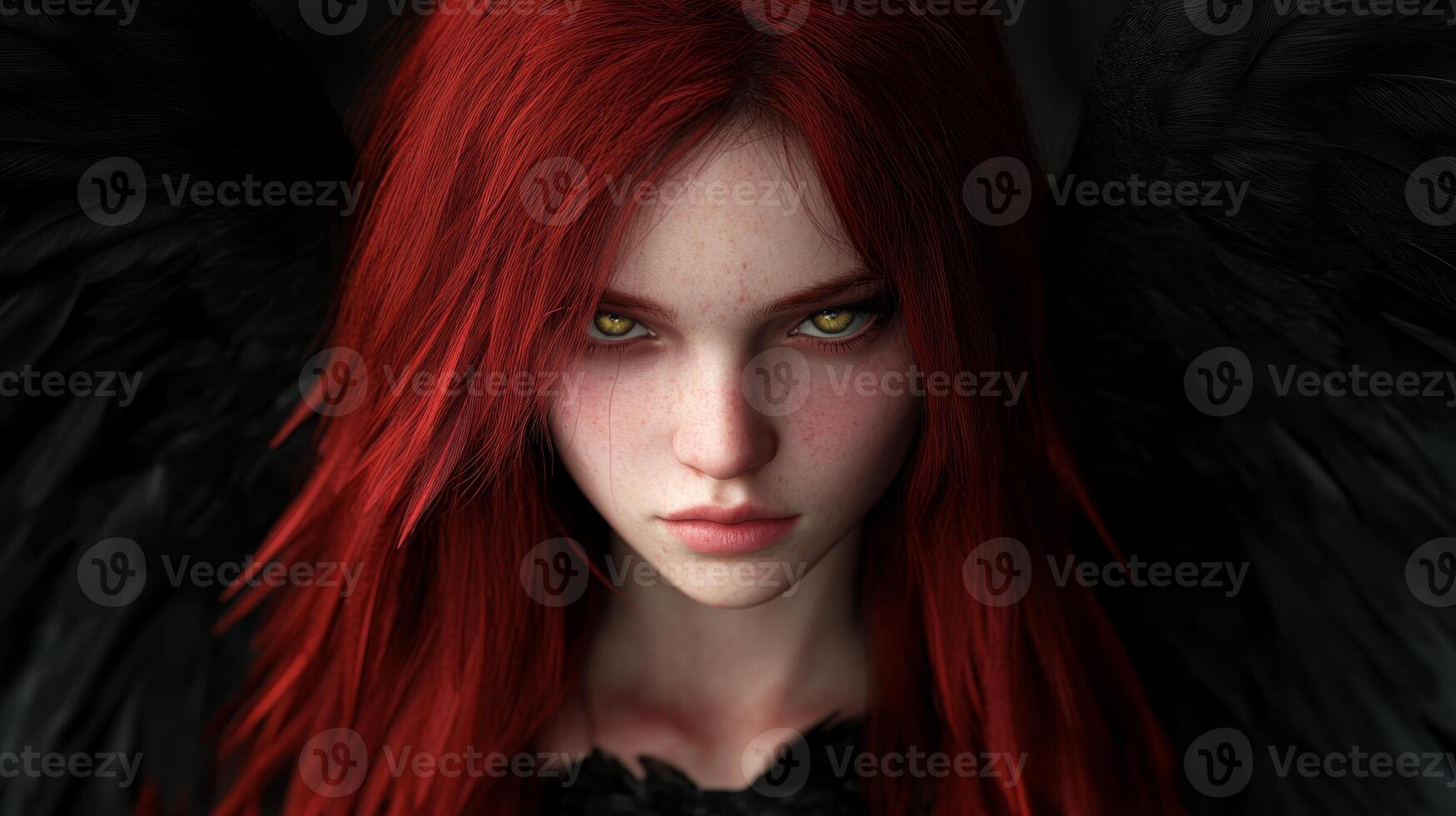 Dramatic fantasy portrait of a female character with striking red hair and black wings in a moody atmosphere photo