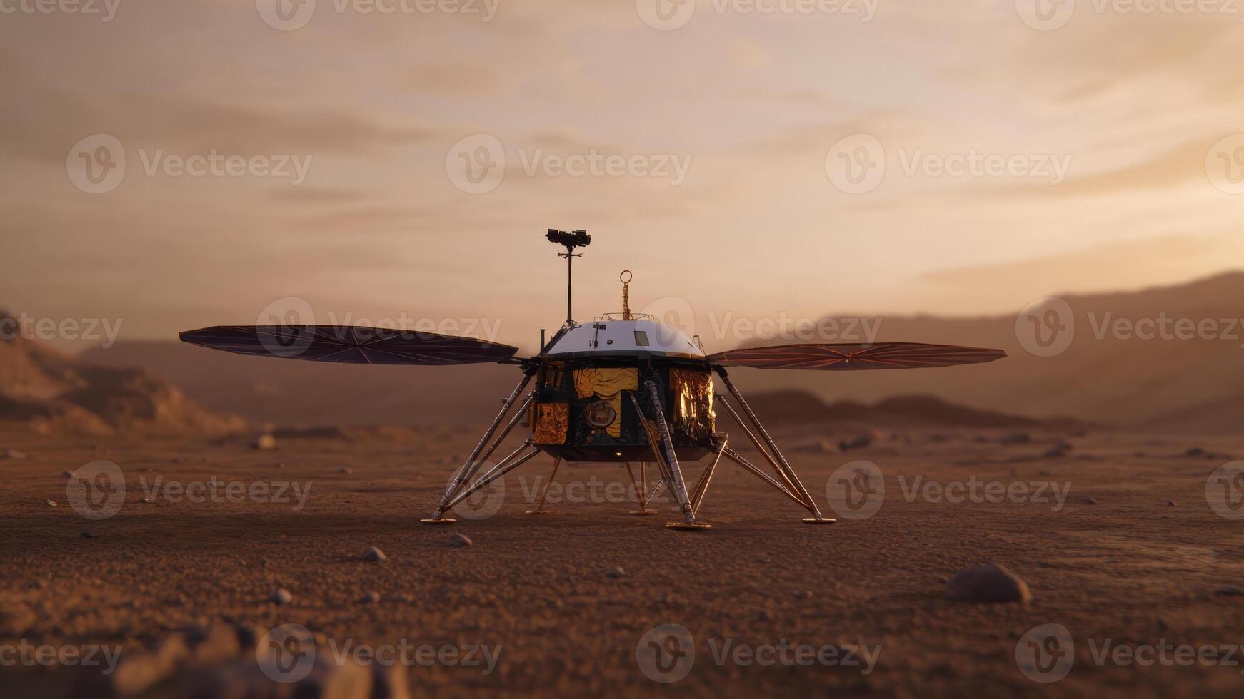 Mars lander exploring the rugged surface of the red planet during a sunset, showcasing advanced technology and extraterrestrial landscape photo