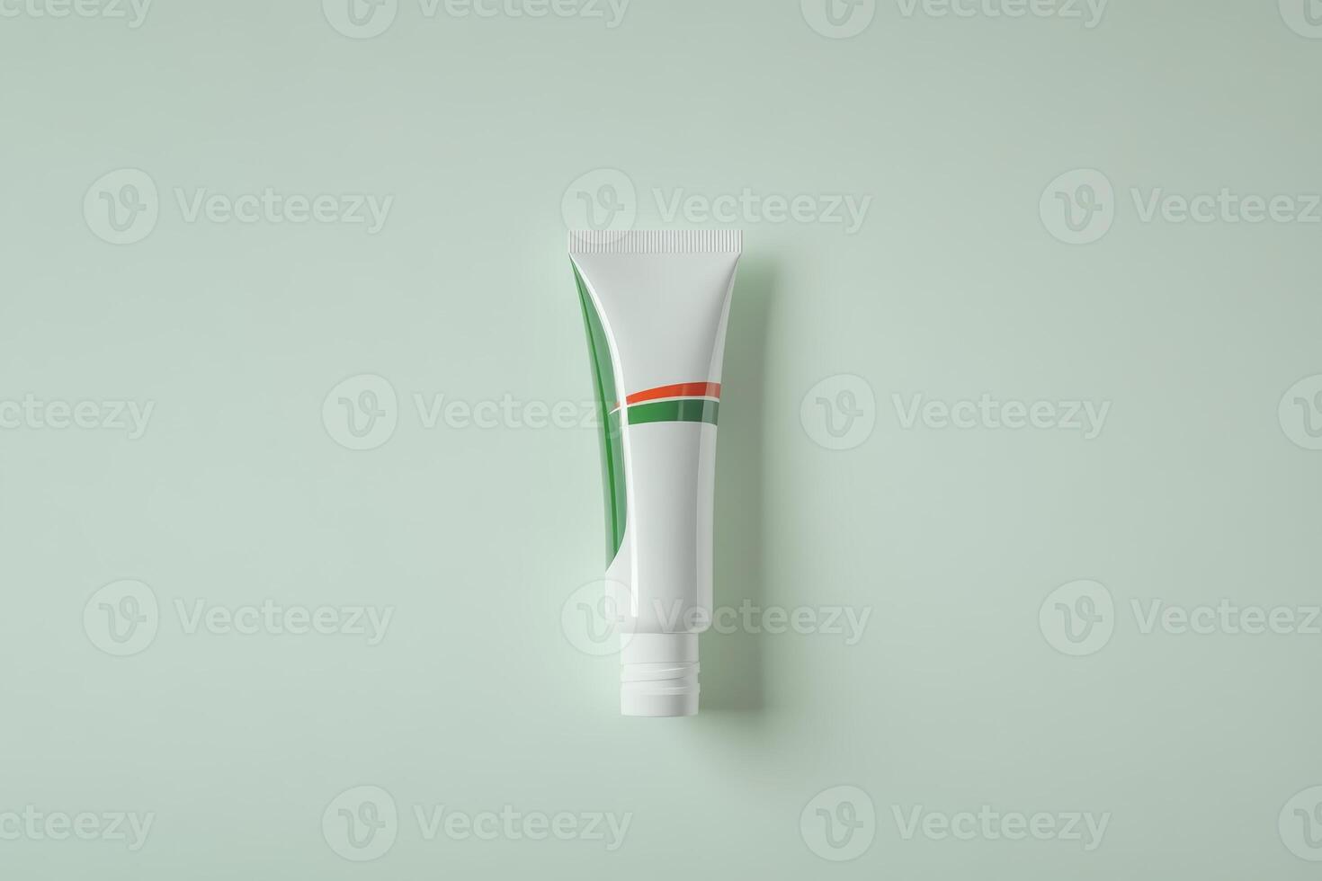 Squeezable tube with white surface and green design indicates skincare or cosmetic product on minimalistic background photo