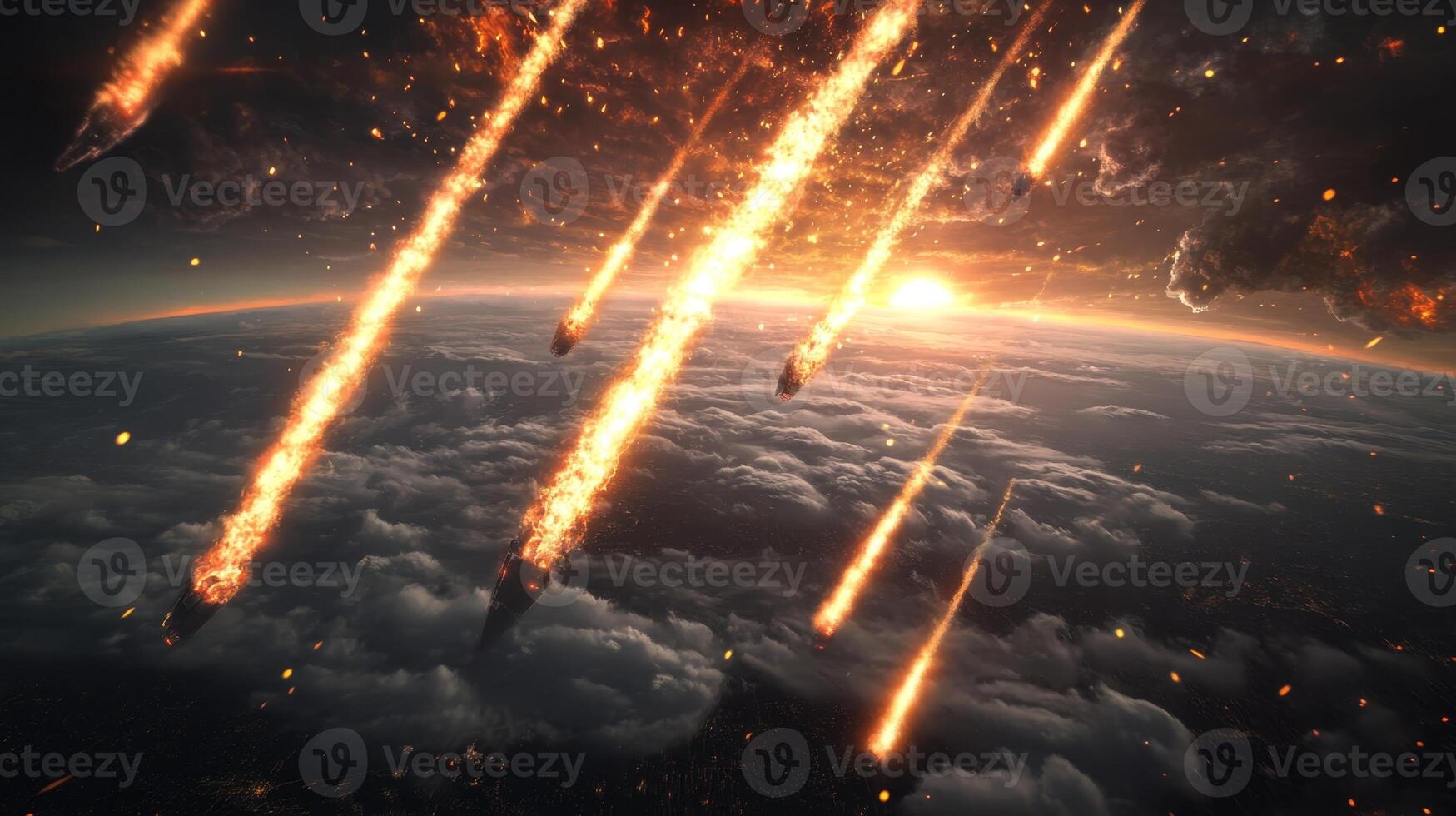 Meteor shower illuminating Earth with fiery trails at sunrise above the clouds photo