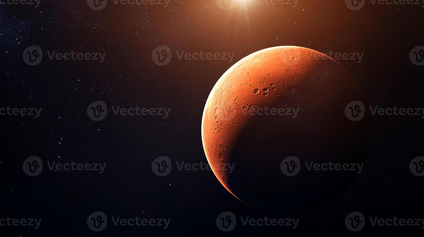 Red planet Mars illuminated by sunlight with starry background showcasing its surface and atmosphere photo