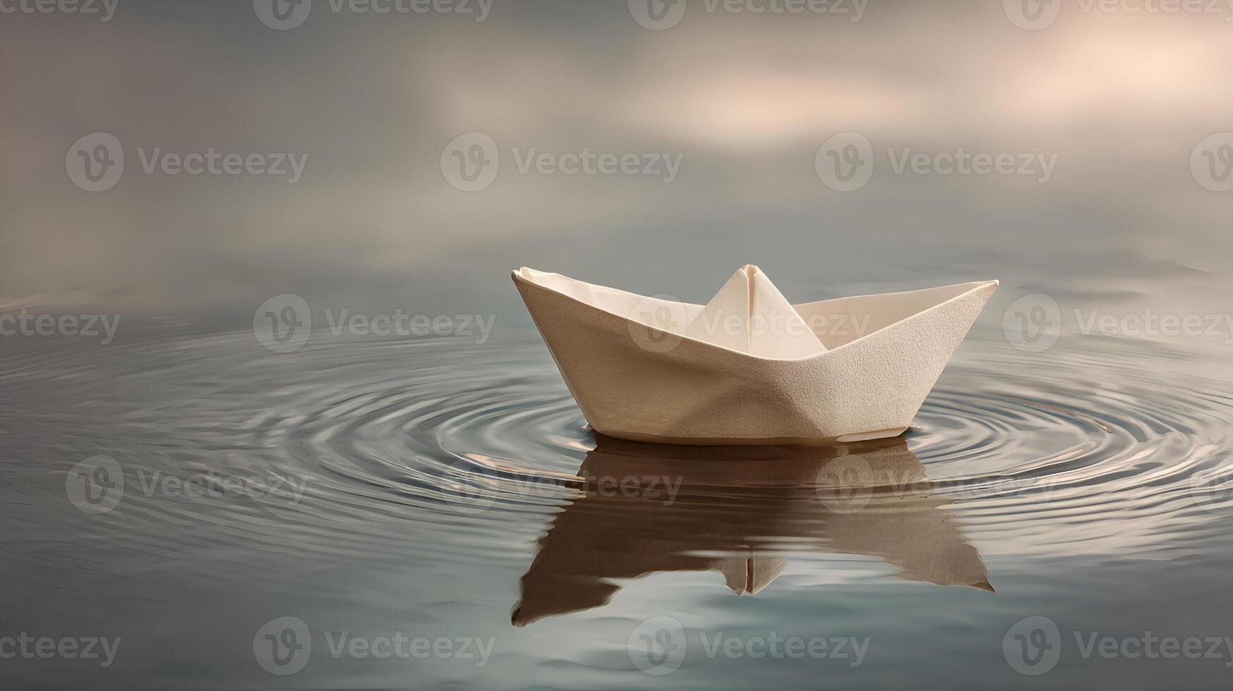 Small paper boat floating on calm water with ripples and foggy background photo