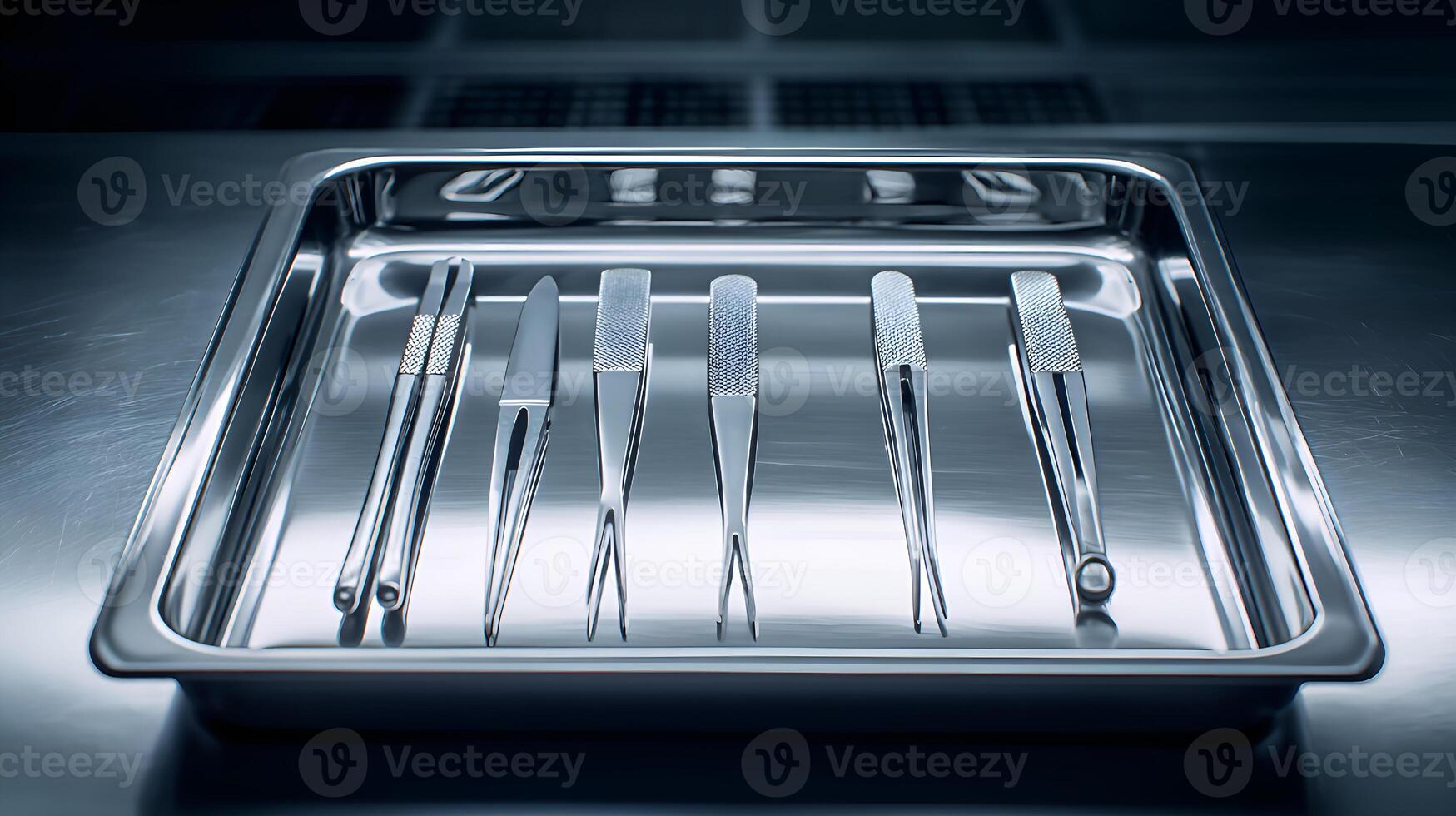 Surgical instruments resting on stainless steel tray in operating room photo