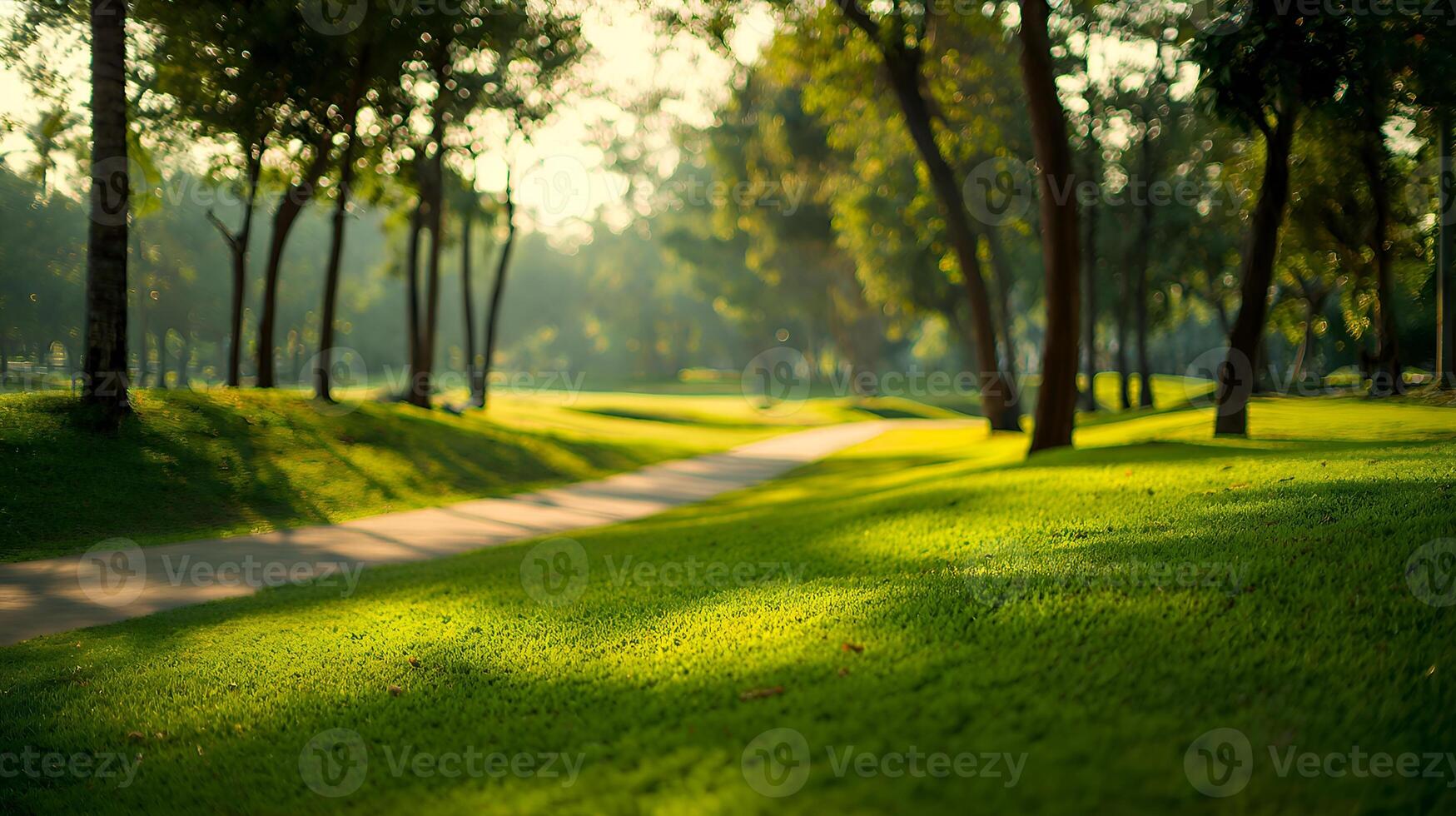 Pathway winding through lush green park in morning sunlight photo