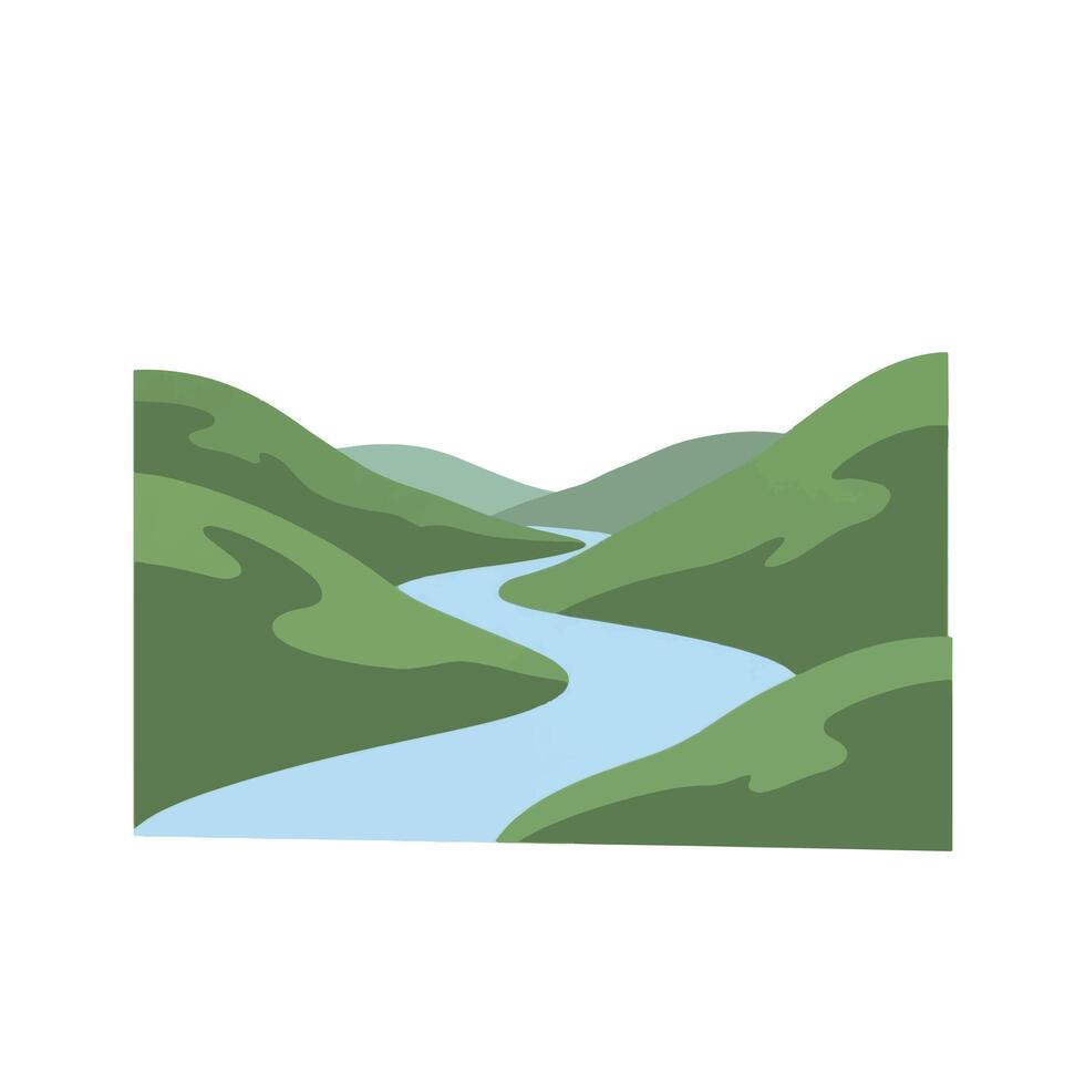 Serene river meandering through lush green hills, a tranquil landscape illustration vector