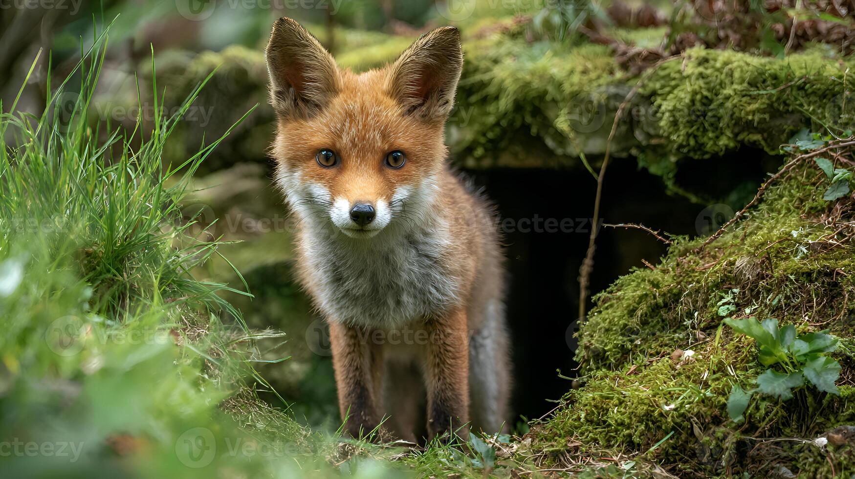 Curious red fox cub emerging from its den in the woods photo