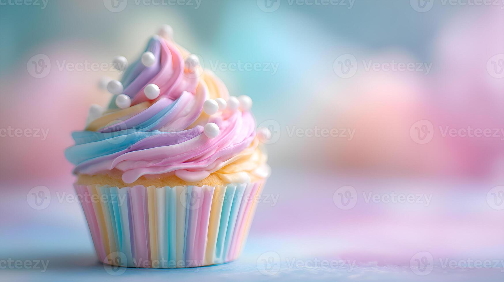 Delicious pastel colored cupcake decorated with icing and pearls on blurred background photo