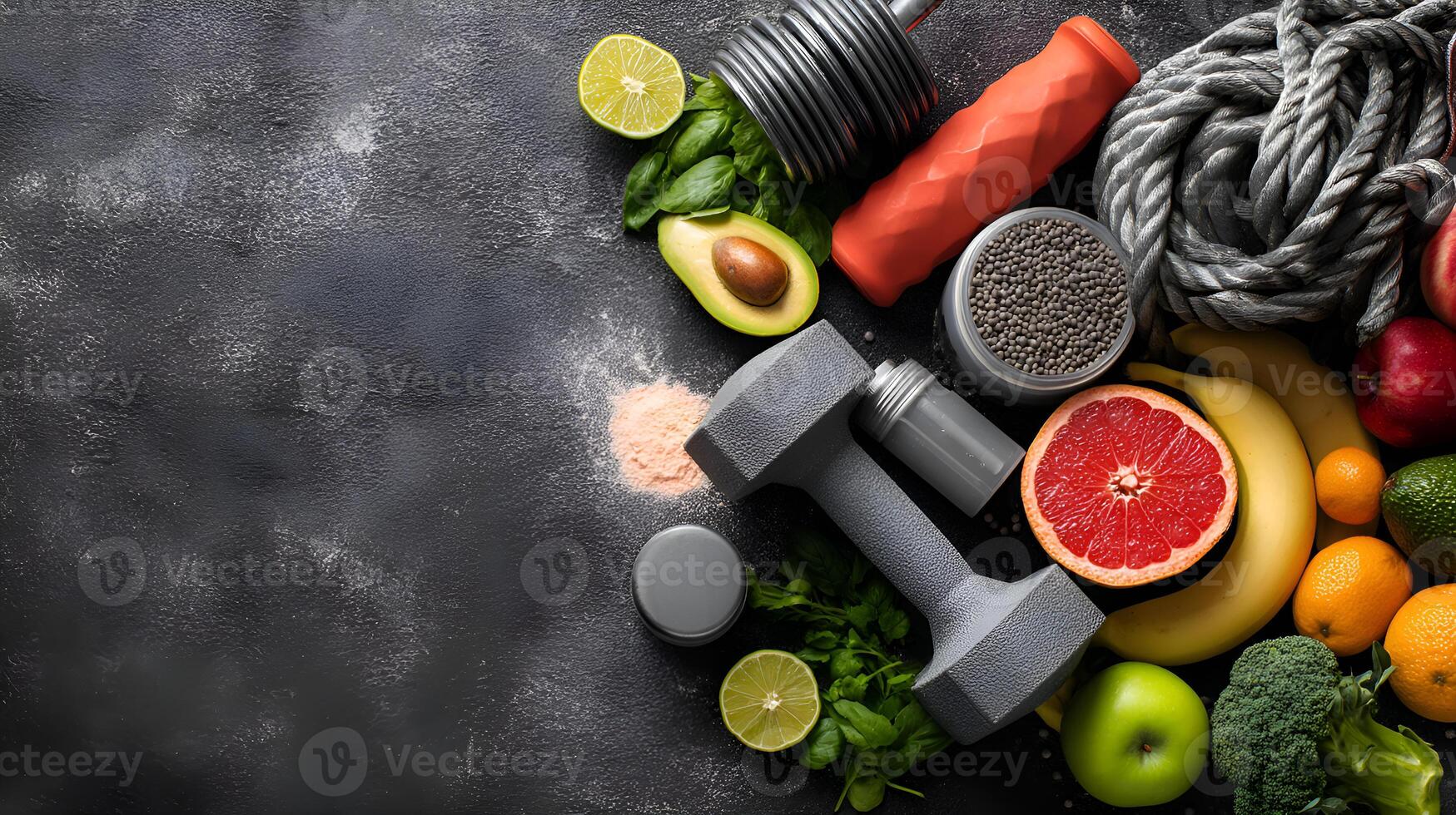 Fitness and healthy food promoting active lifestyle with dumbbells and fresh produce photo