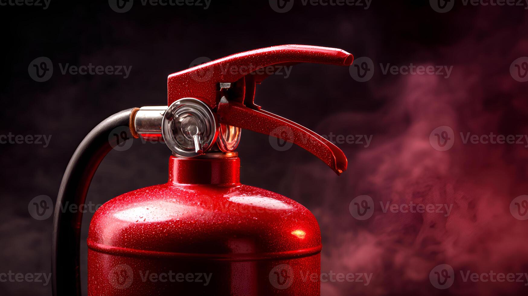 Red fire extinguisher and smoke on dark background photo