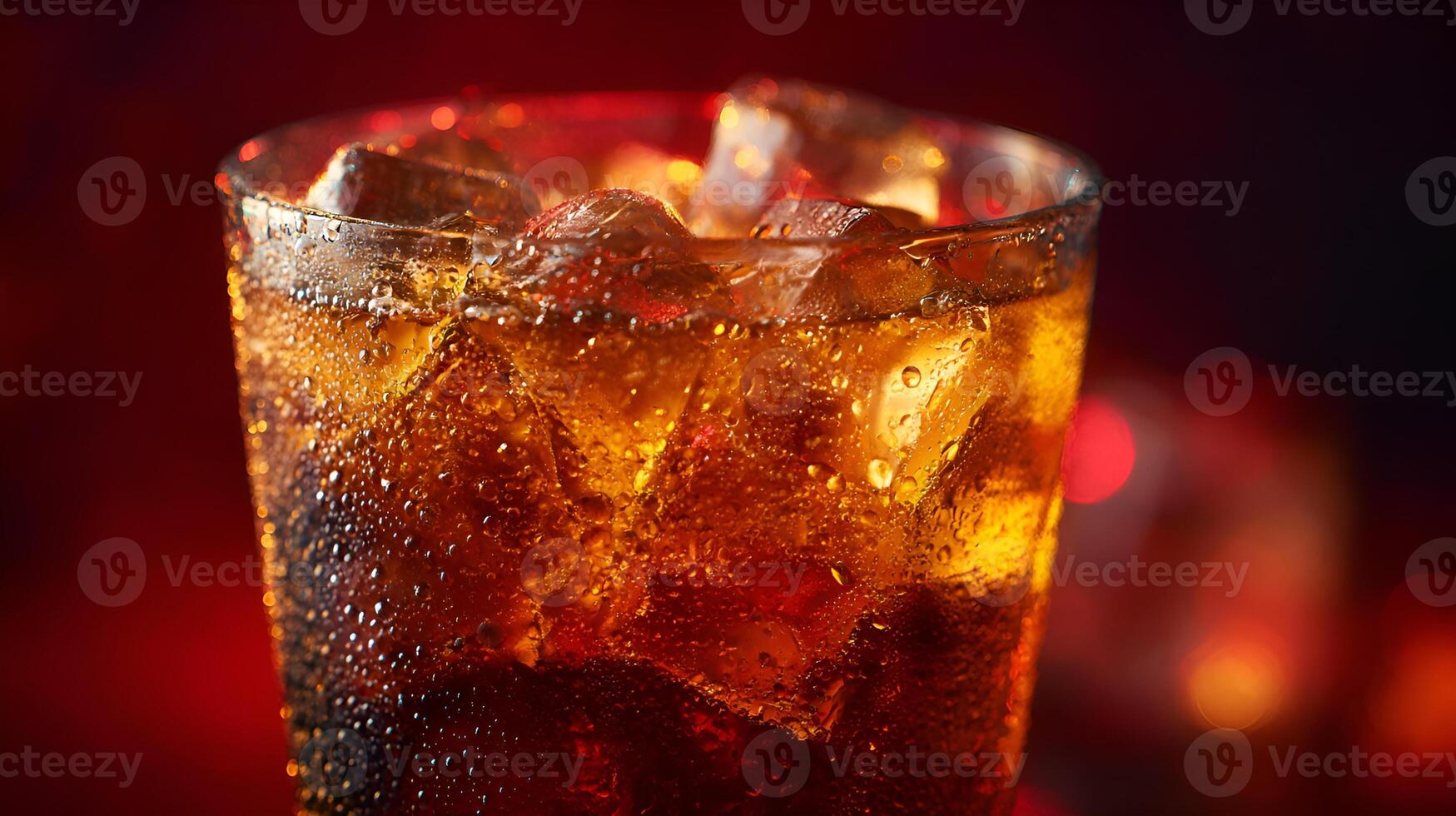 Refreshing carbonated soda with ice cubes in a glass on red background photo