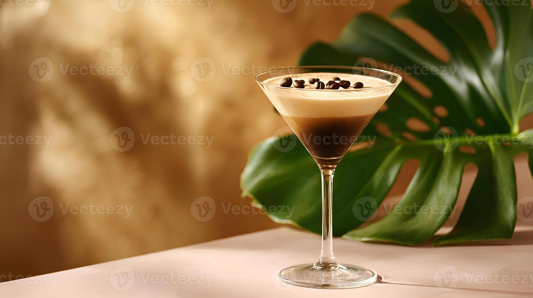 Espresso martini cocktail decorated with coffee beans and tropical leaf photo