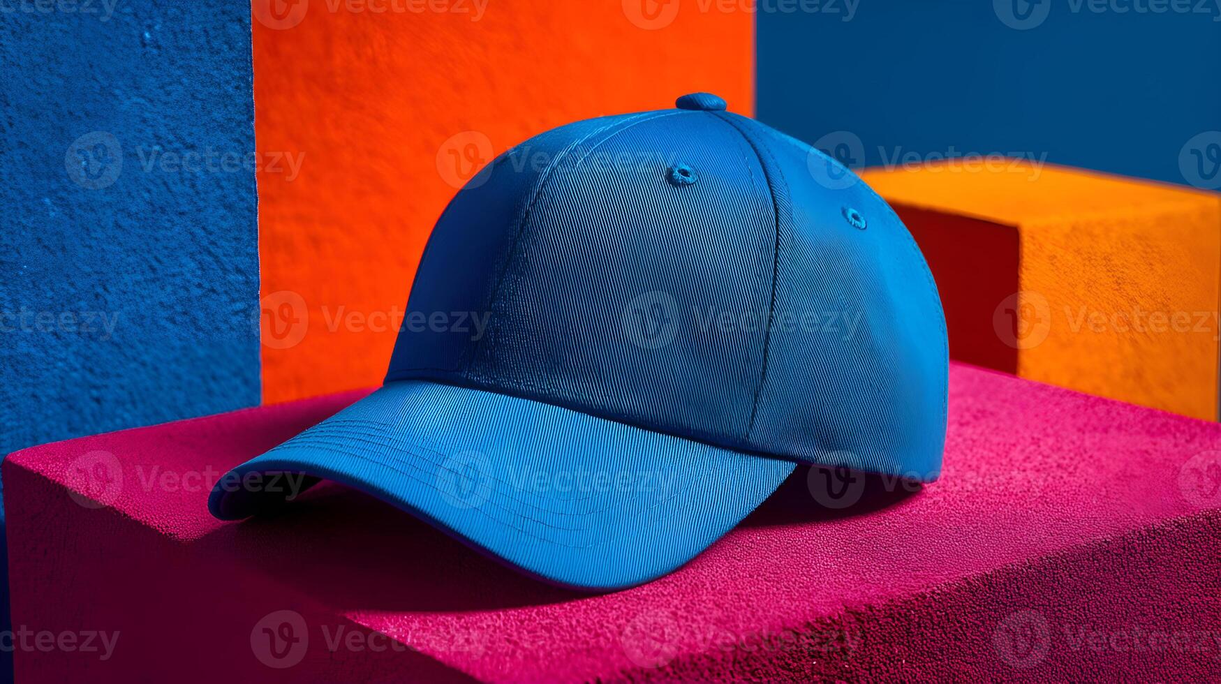Blue baseball cap resting on colorful cubes, promoting trendy headwear photo