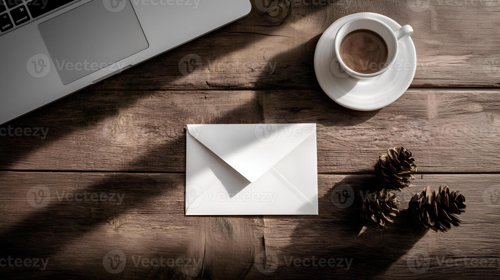 White envelope, laptop, coffee and pine cones on wooden table photo