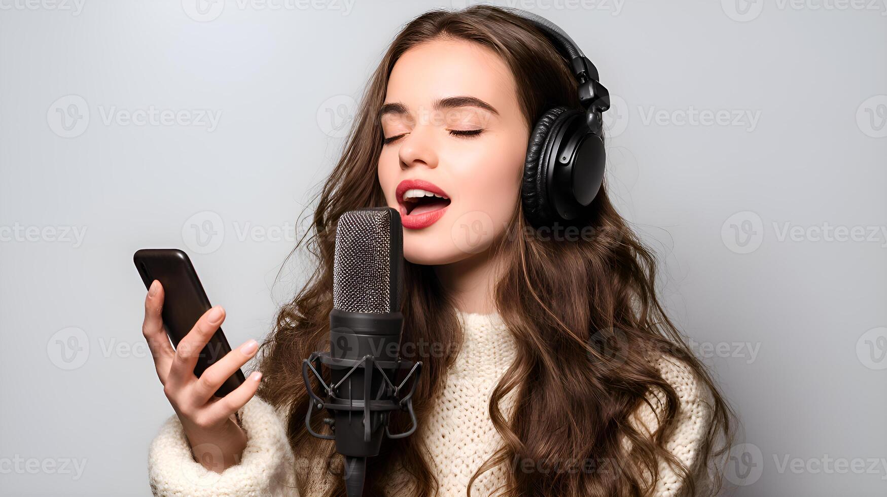 Young woman singing and recording music with smartphone and microphone photo