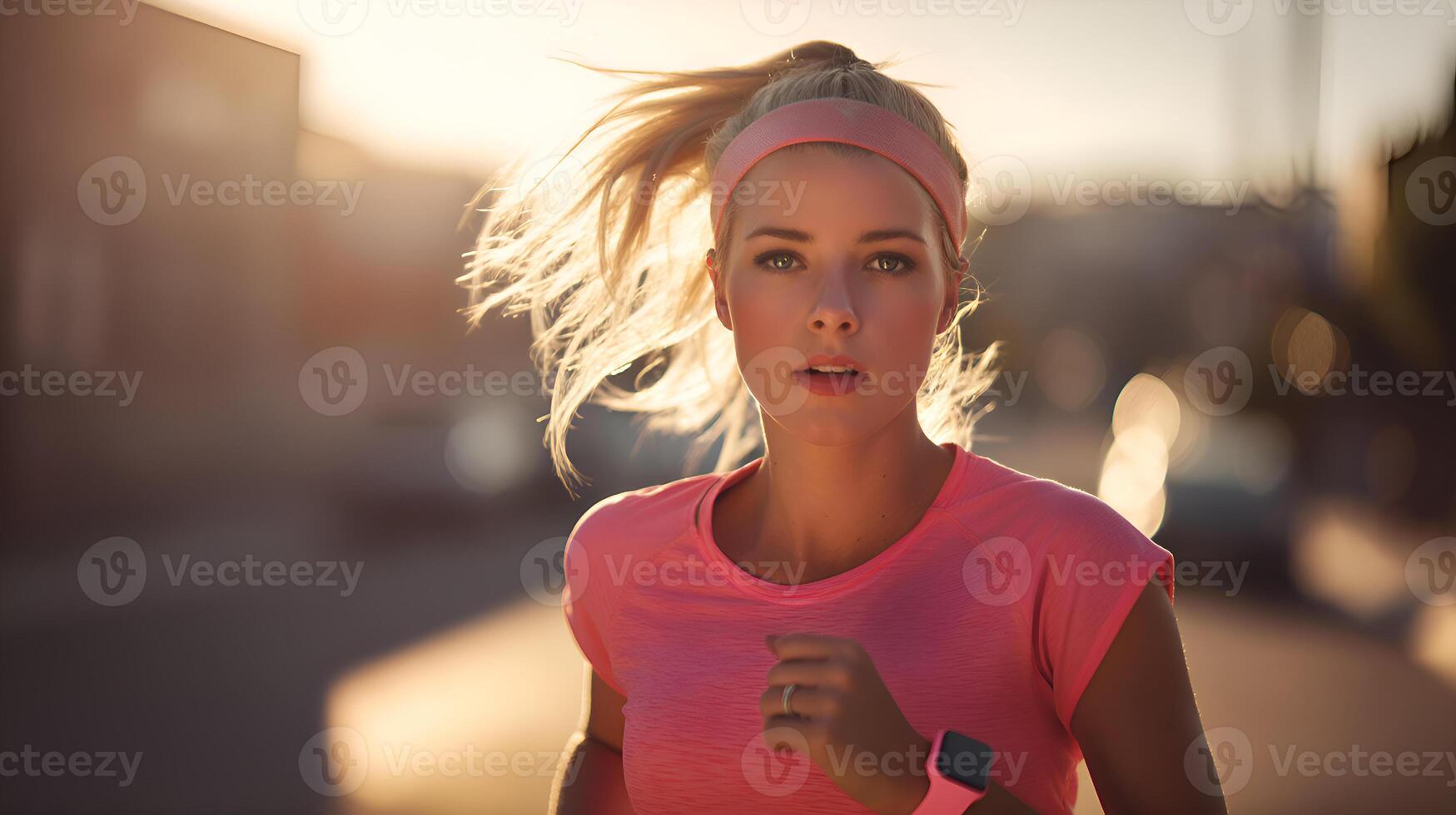 Determined female athlete running in urban setting at sunset photo
