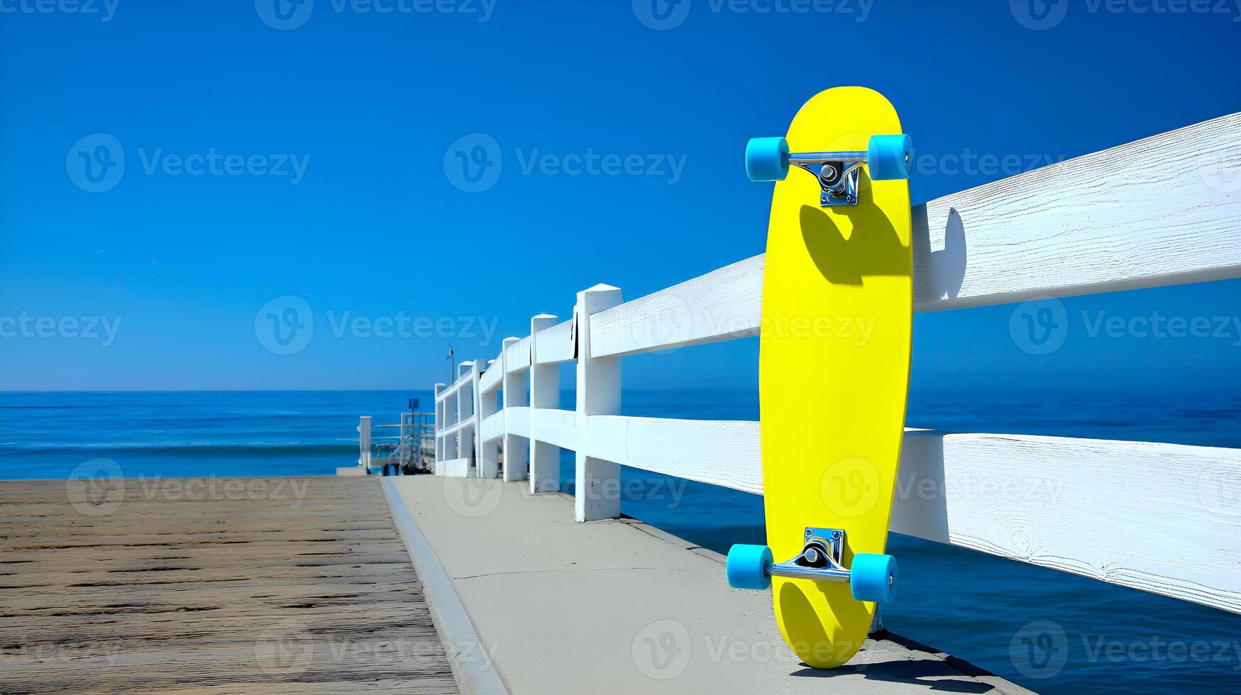 Yellow skateboard leaning on white fence by the sea photo