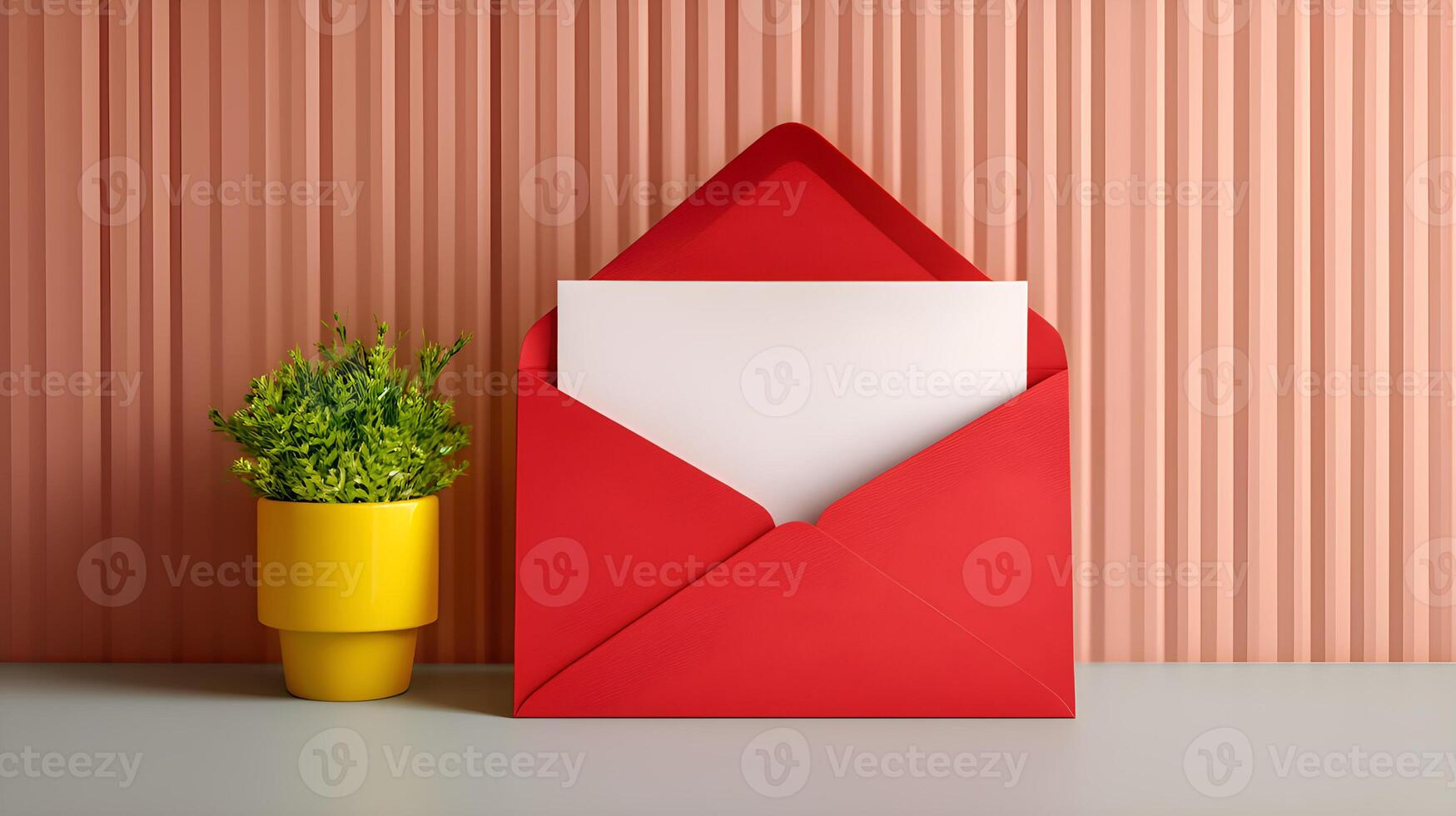 Red envelope containing blank card resting on table with potted plant photo