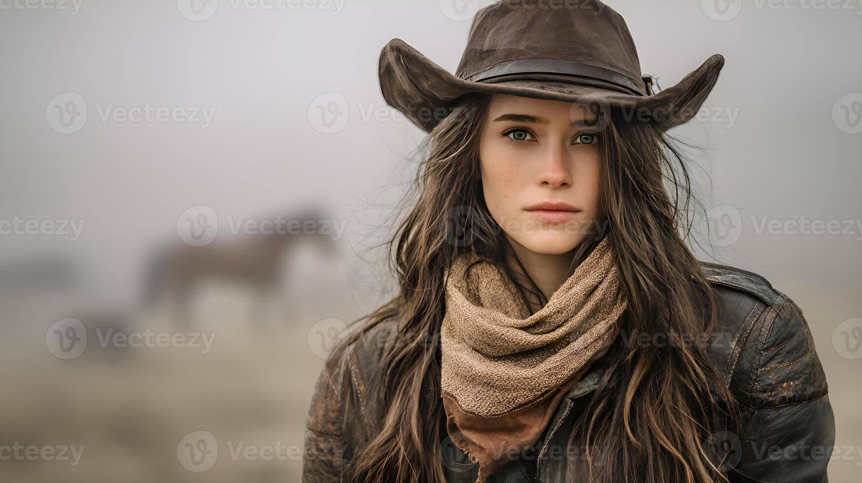 Cowgirl posing with cowboy hat and scarf in misty landscape with horses photo