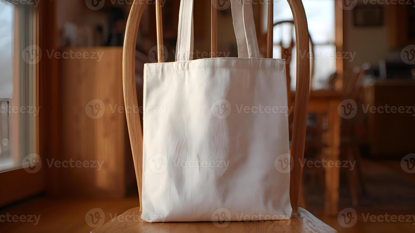White tote bag hanging on wooden chair in cozy room photo