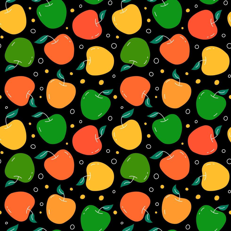 Apple pattern. Seamless black background with flat colorful apples. Repeating summer design, graphic print with simple fruits. vector