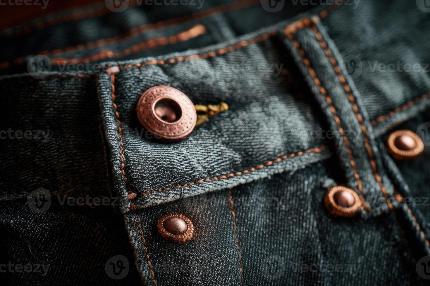 Close up view of button fly detail on a pair of dark denim jeans showcasing stitching and texture photo
