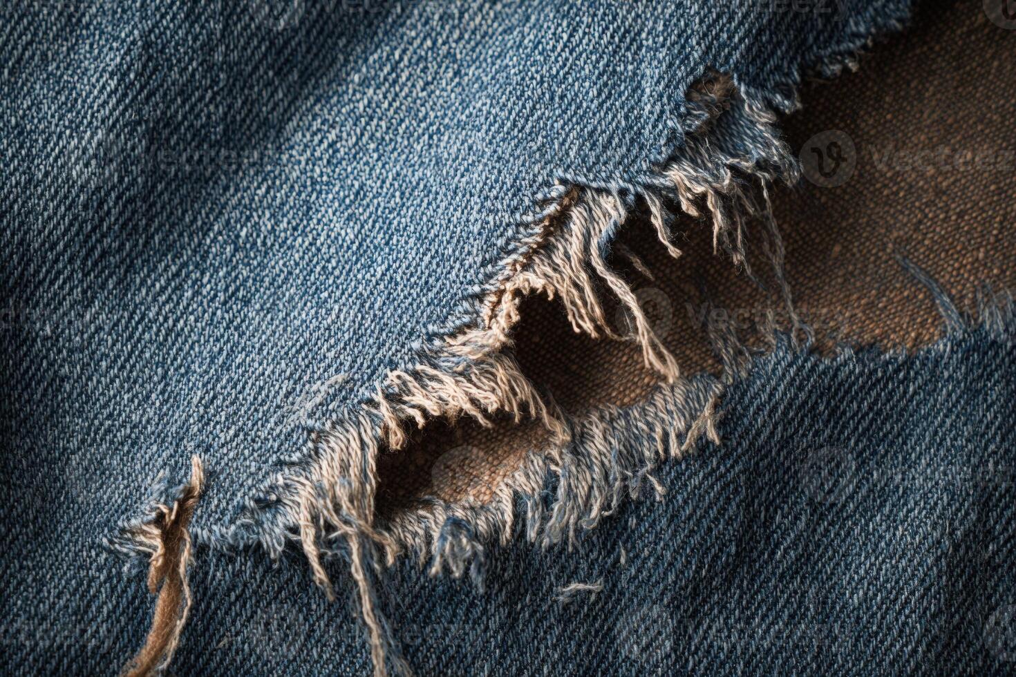 Distressed denim showcasing intentional rips and frays on fabric in natural lighting with detailed textures and color variations photo