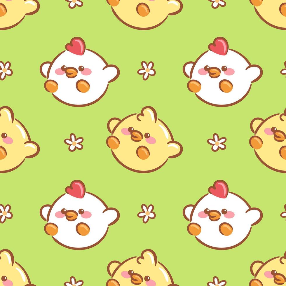 A charming seamless pattern featuring kawaii chicks. The design showcases bright colors and cute expressions, making it perfect for childrens products, fabric, and playful stationery vector