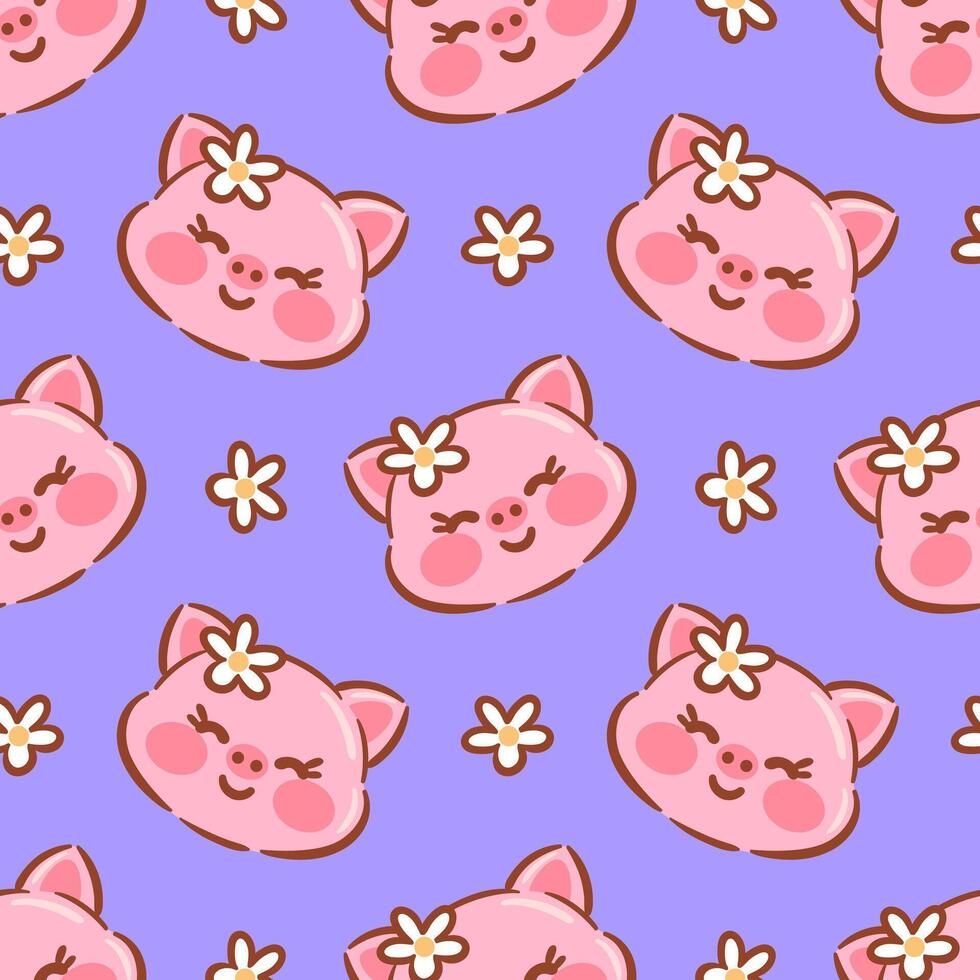 A delightful seamless kawaii pattern featuring cute piglets, surrounded by playful elements like flowers, perfect for cheerful and whimsical designs. vector