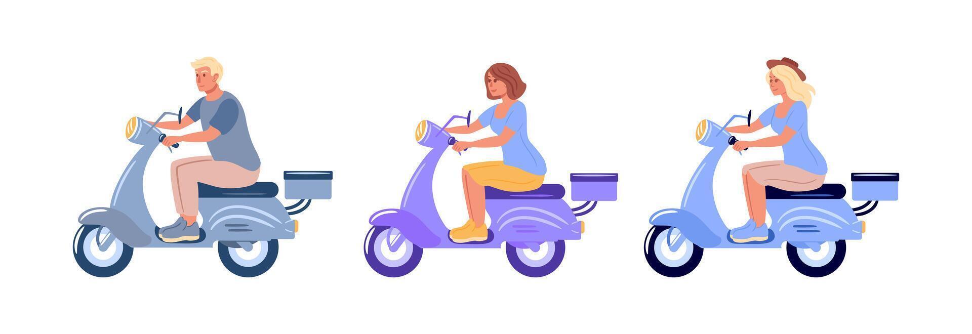 Three stylish individuals joyfully riding scooters embody a fun and carefree urban lifestyle. Their trendy outfits and dynamic poses capture the essence of excitement and freedom in the city. vector