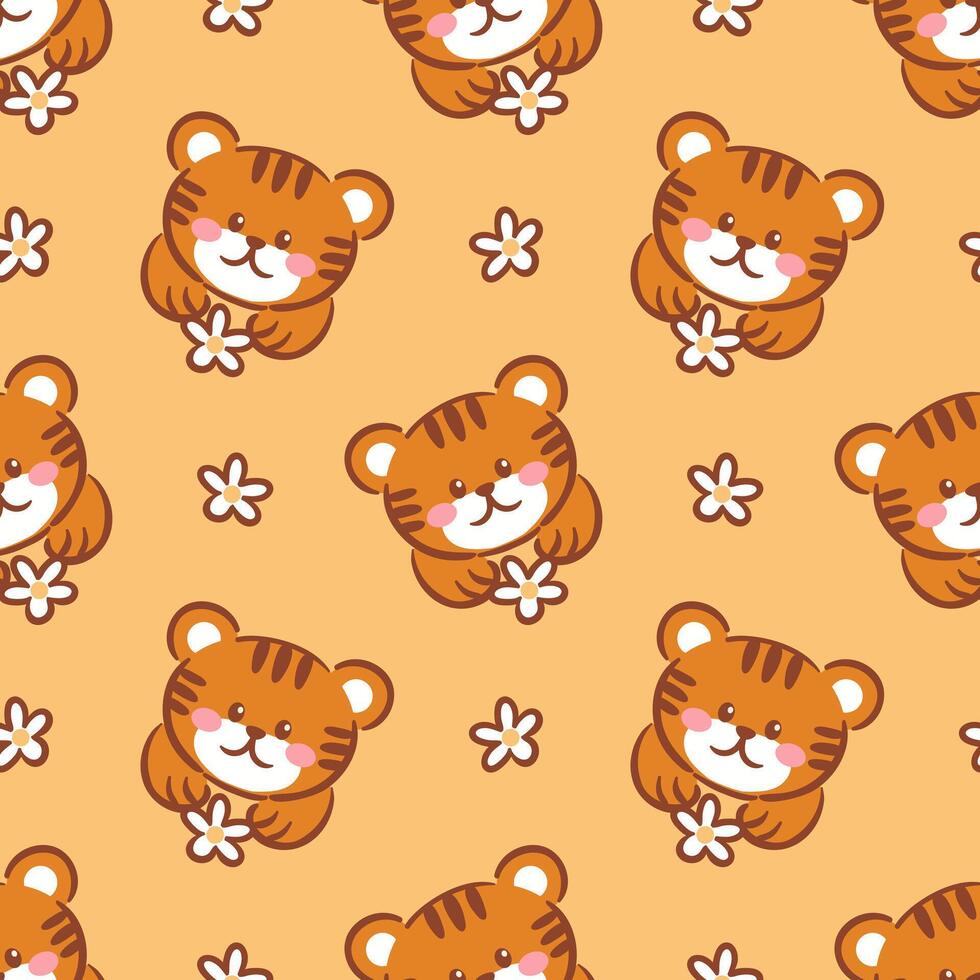 A seamless pattern featuring adorable kawaii tiger cubs. The vibrant colors and charming designs make this illustration perfect for fabric, wallpapers, and childrens products. vector