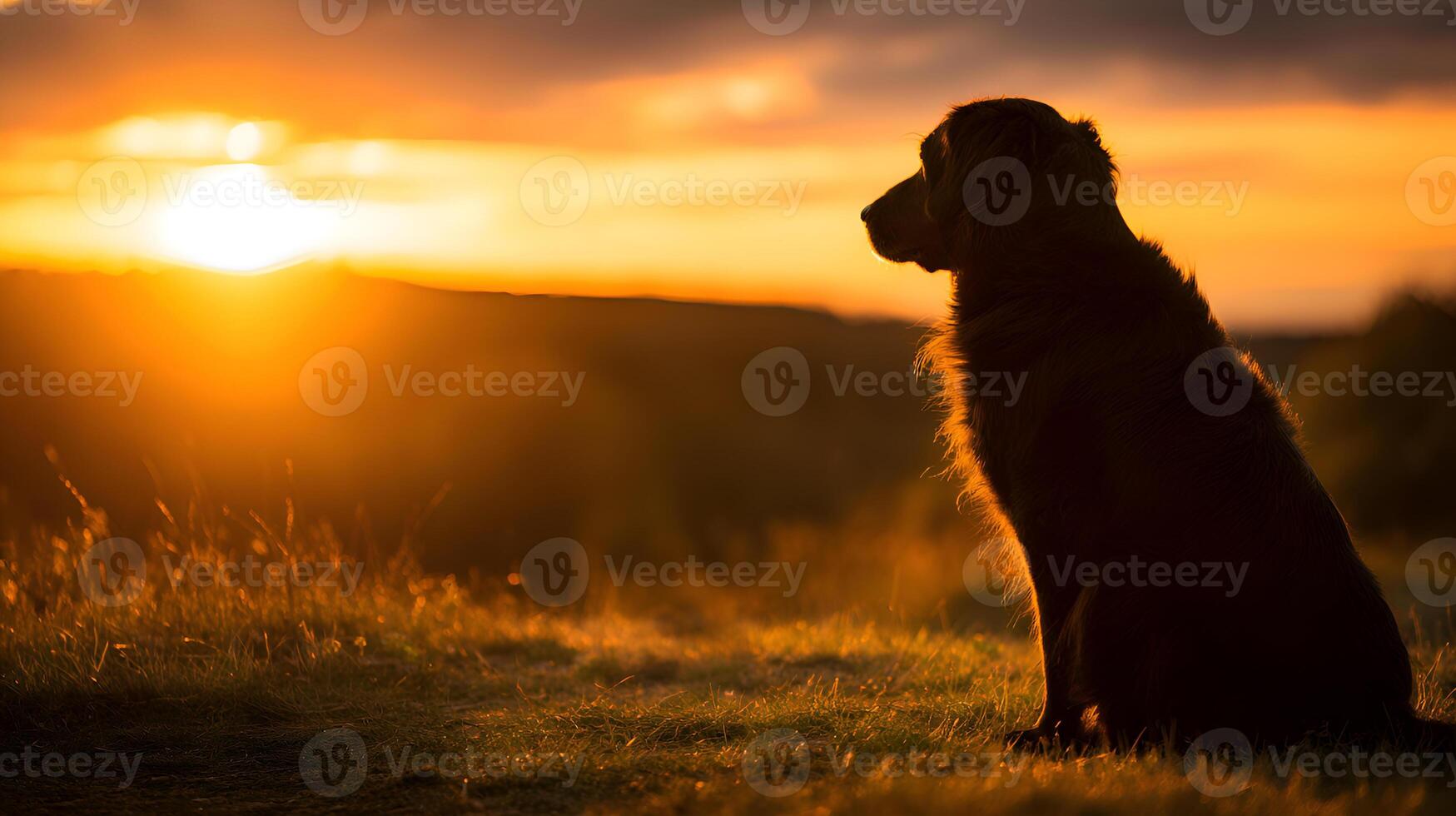 Dog enjoying a beautiful sunset in the countryside photo