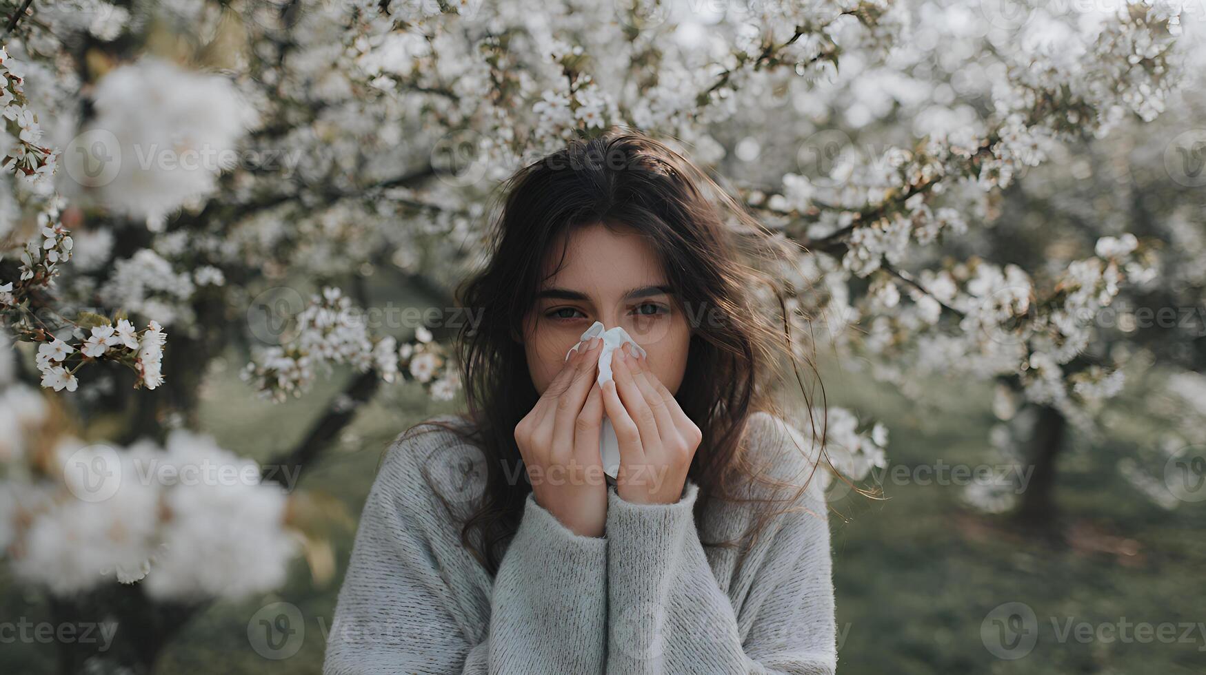 Young woman blowing nose suffering from seasonal allergies in blooming garden photo