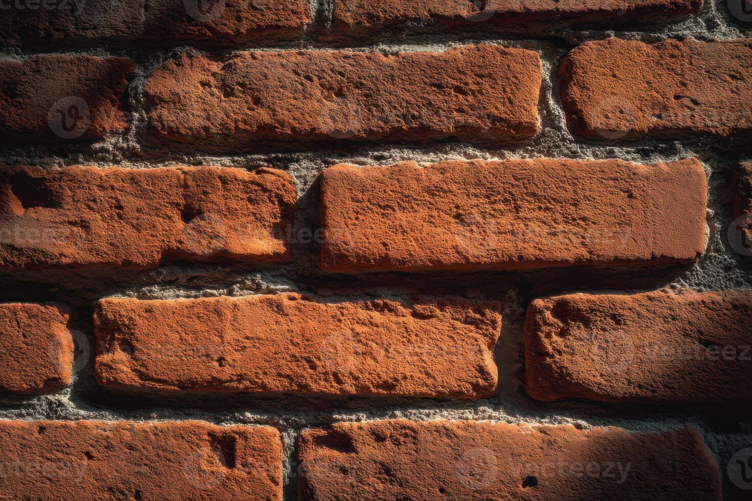 Close-up of aged red brick wall with gritty texture and weathered mortar, showing rustic architectural detail in natural light and shadow photo